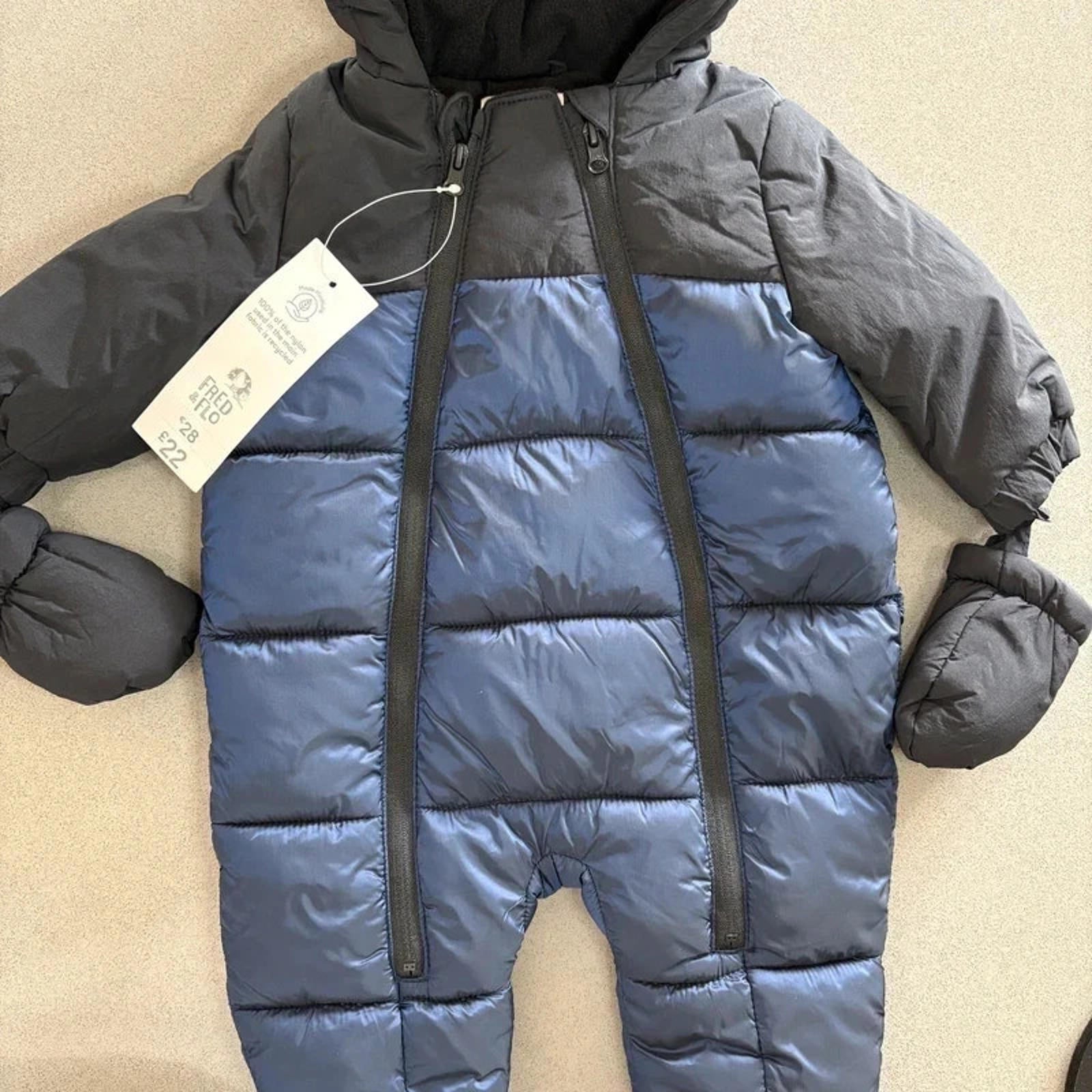 Baby Boy 0-3 months F&F Blue Black Snow Suit with Detachable Mitts BNWT (47 09)