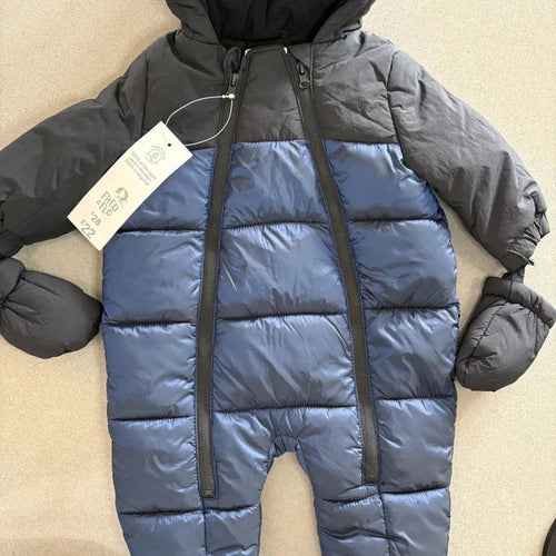 Baby Boy 0-3 months F&F Blue Black Snow Suit with Detachable Mitts BNWT (47 09)