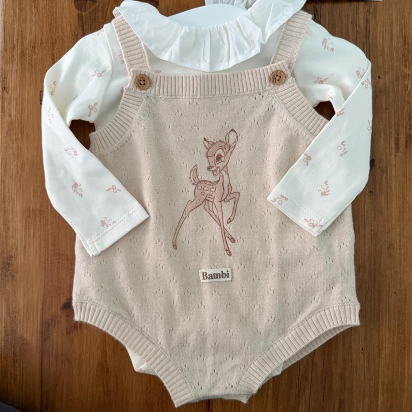 Baby Girl 0-3 months Disney Bambi 2 Piece Knitted Romper Set BNWT(58 18)