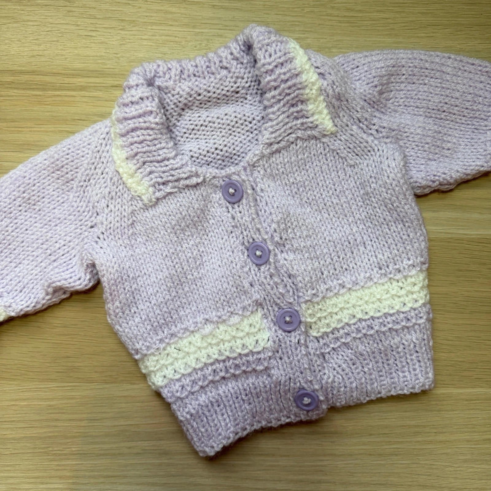 Baby Girl 0-3 months Hand Knitted Lilac Collared Cardigan (30 34)