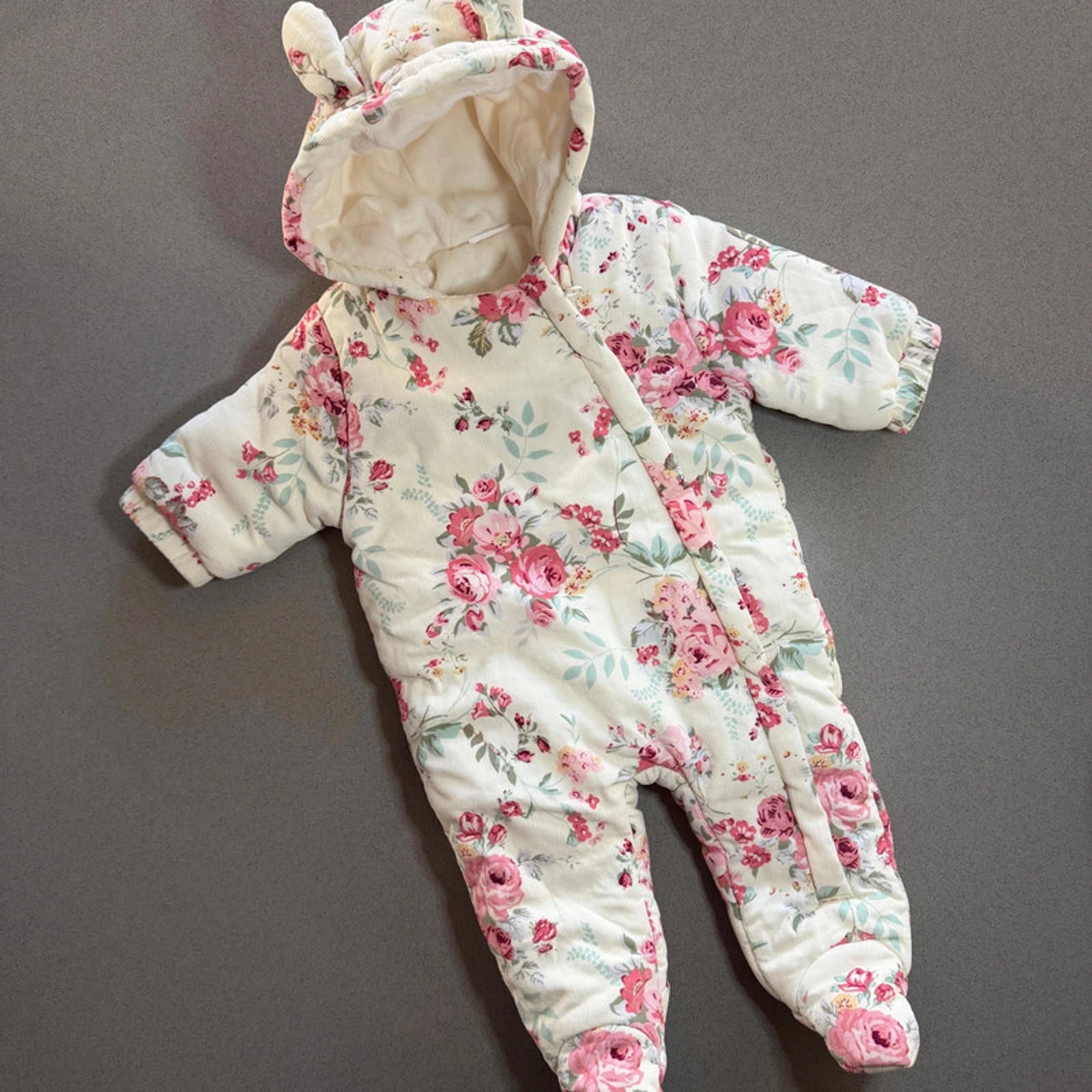 Baby Girl 0-3 months Next White Rose Needlecord Full Zip Snow Suit (61 14)