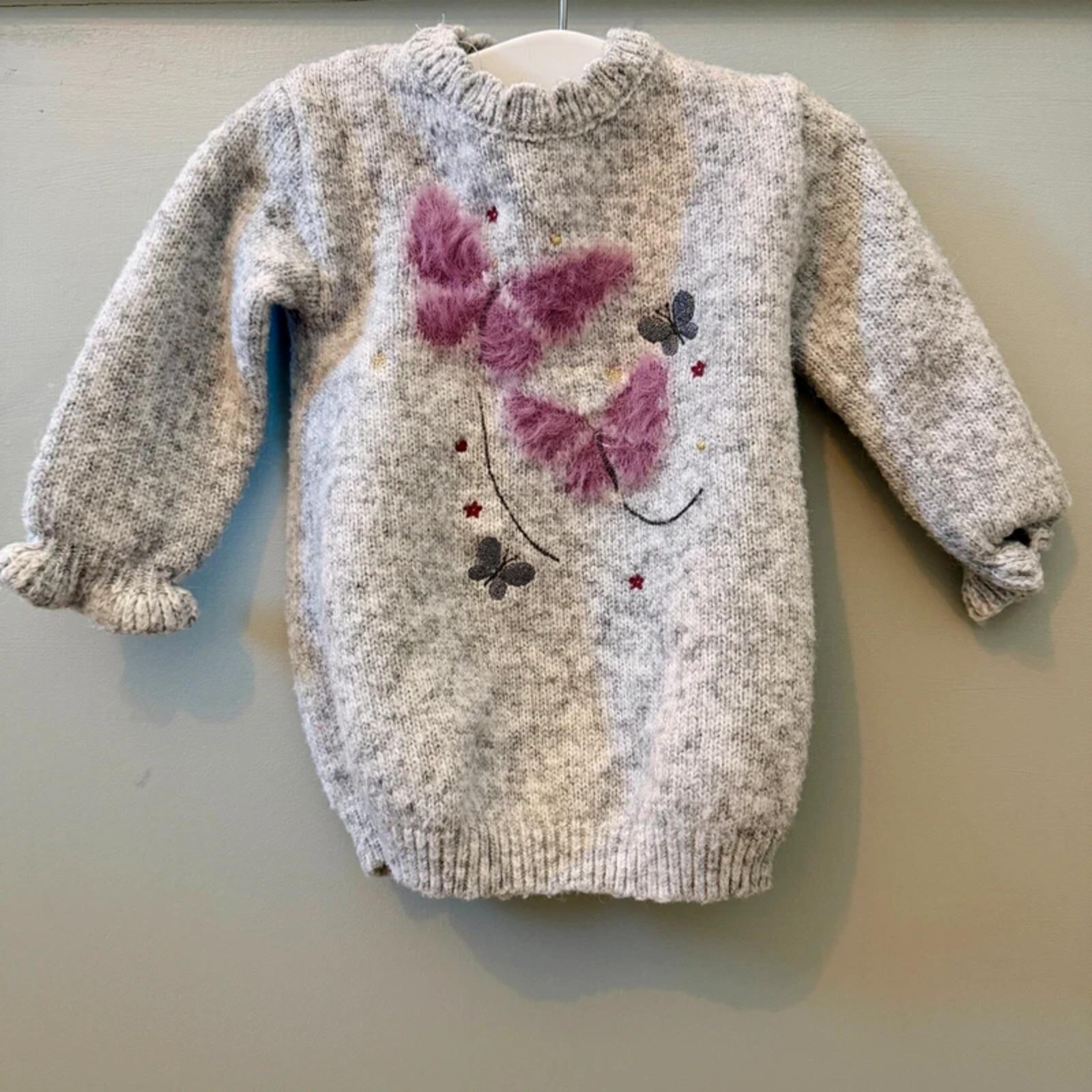 Baby Girl 3-6 months Primark Grey Knitted Jumper Dress Butterfly (60 48)