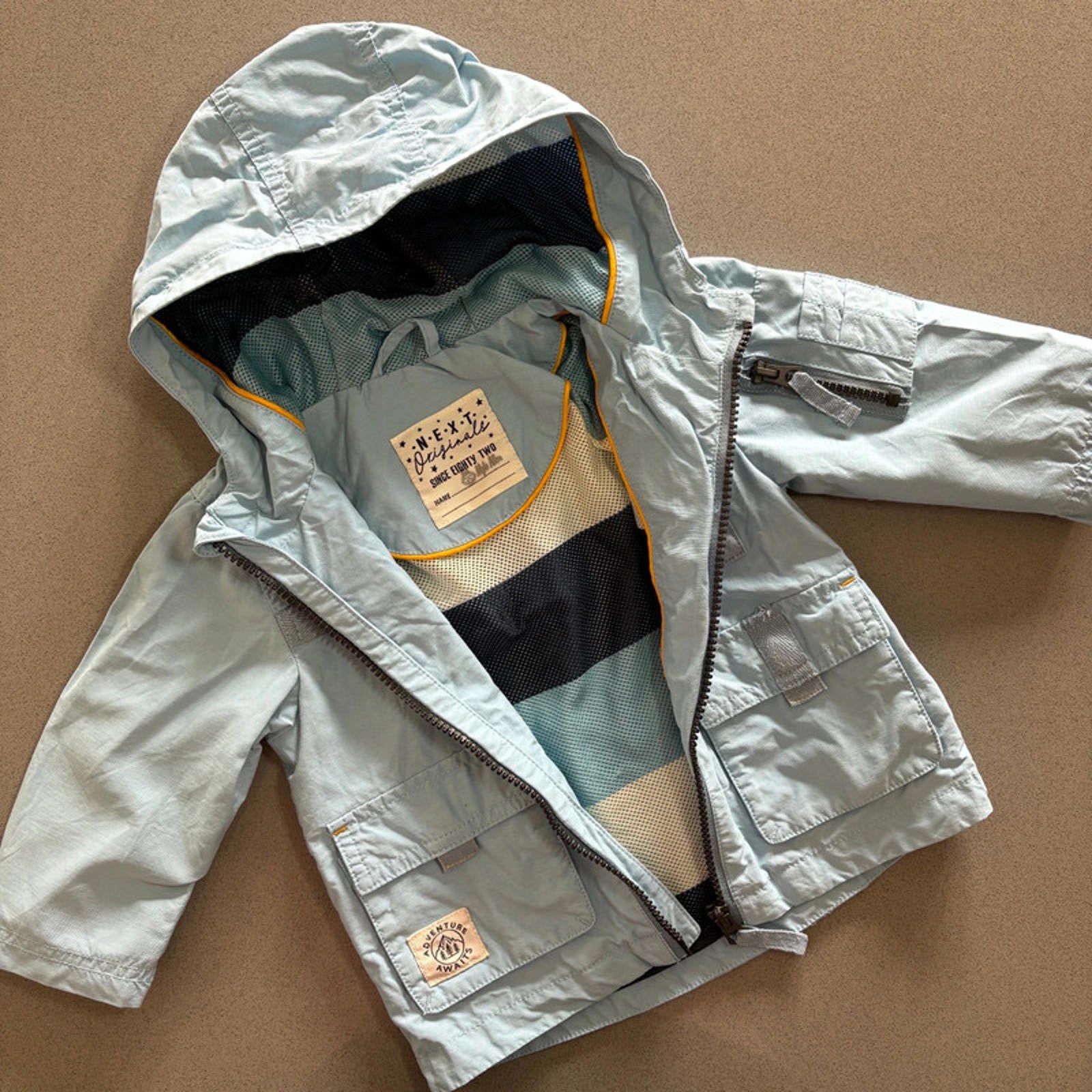 Baby Boy 9-12 months Next Blue Hooded Raincoat with Striped Lining (24 35)