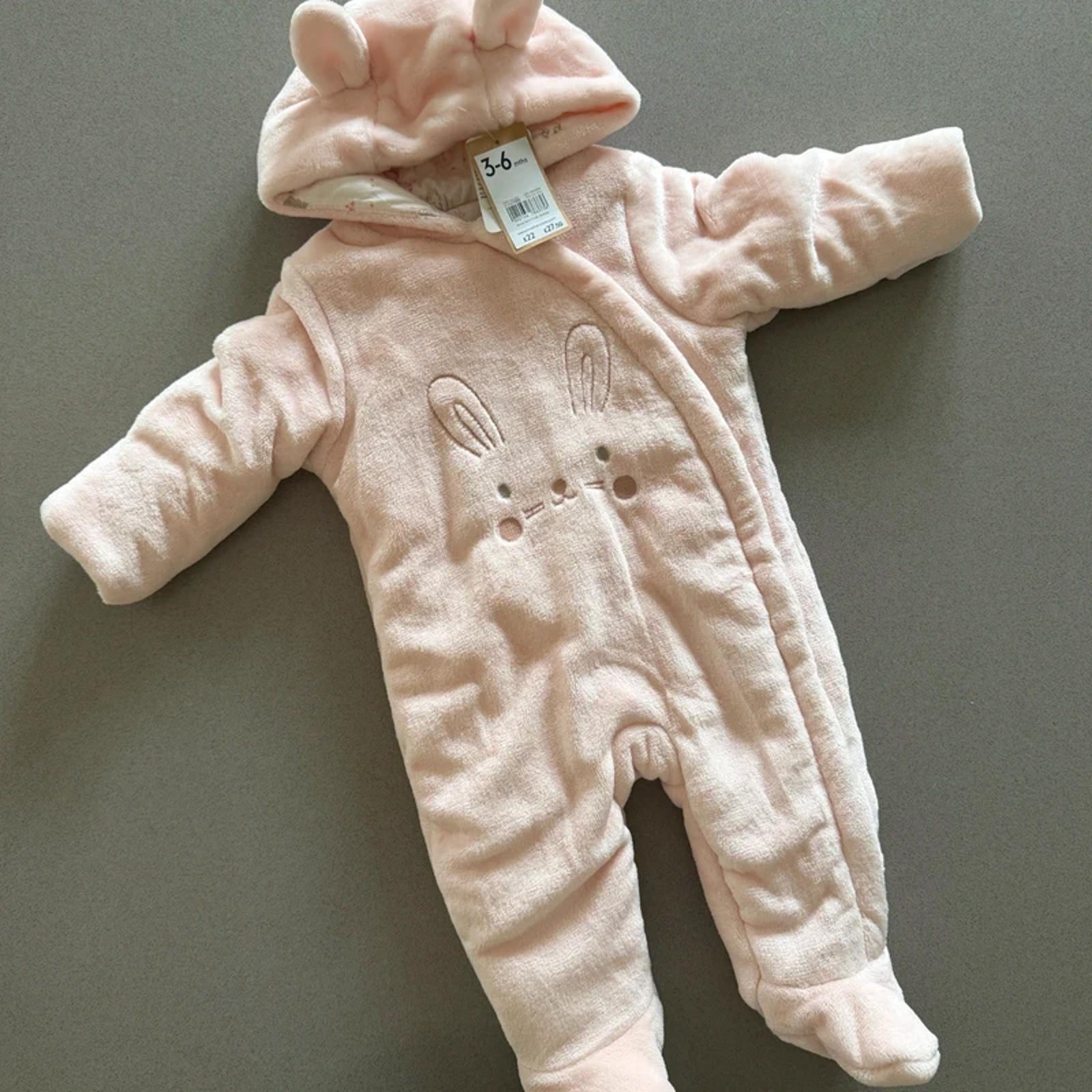 Baby Girl 3-6 months Mothercare Pink Furry Bunny Hooded Snowsuit BNWT (38 28)