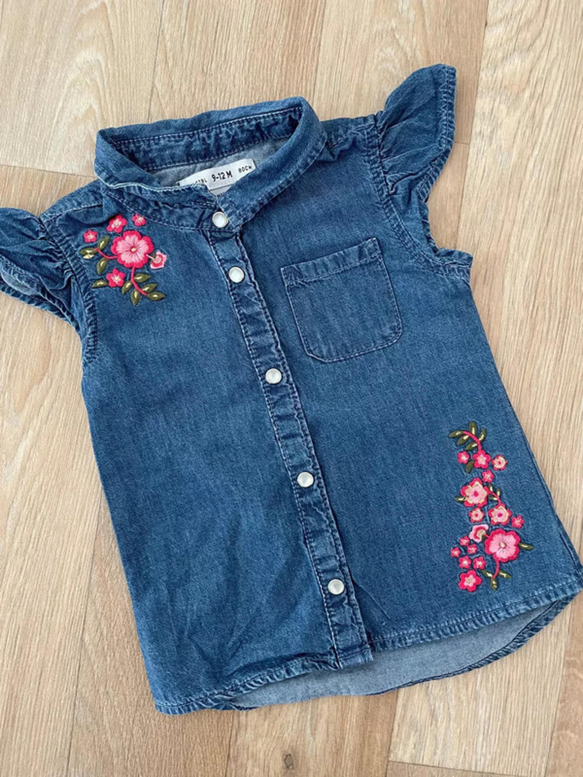 Baby Girl 9-12 months Denim Co Blue Collared Shirt with Floral Applique (24 17)