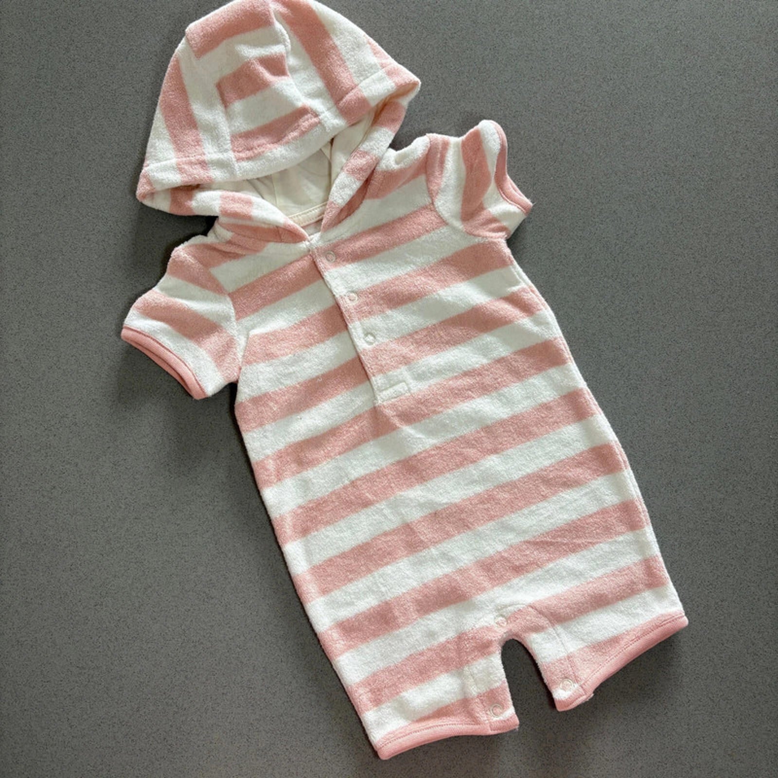 Baby Girl 3-6 months TU PInk Striped Toweling Hooded Romper Short Sleeve (39 31)