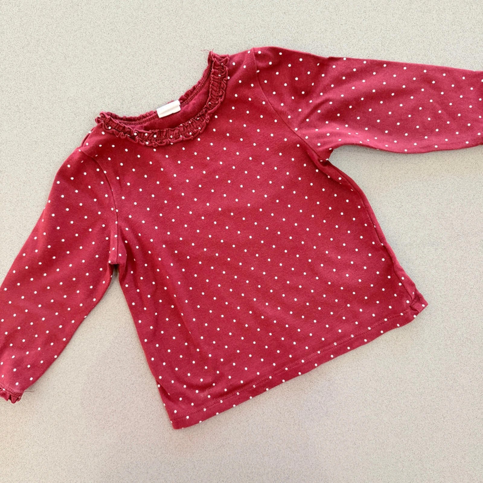 Baby Girl 9-12 months H&M Burgundy Spotty Long Sleeve Top With Ruffles (60 68)