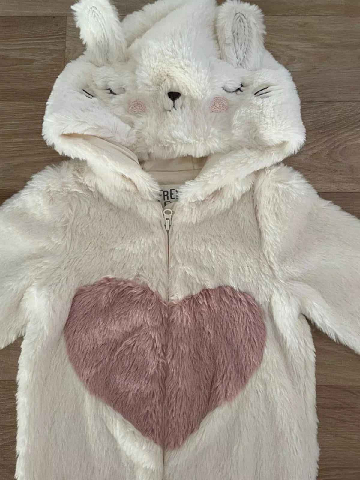 Baby Girl 3-6 months F&F White Faux Fur Fully Lined Hooded Bunny Heart Pramsuit