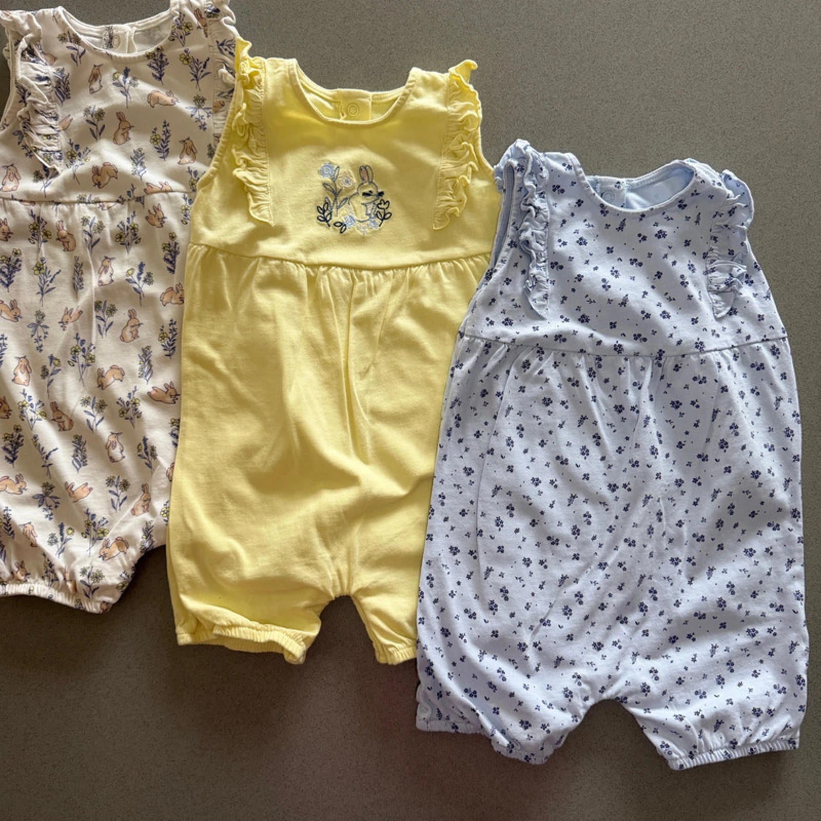Baby Girl 12-18 months George  3 Bunny & Flower Themed Rompers Ruffles (17 27)