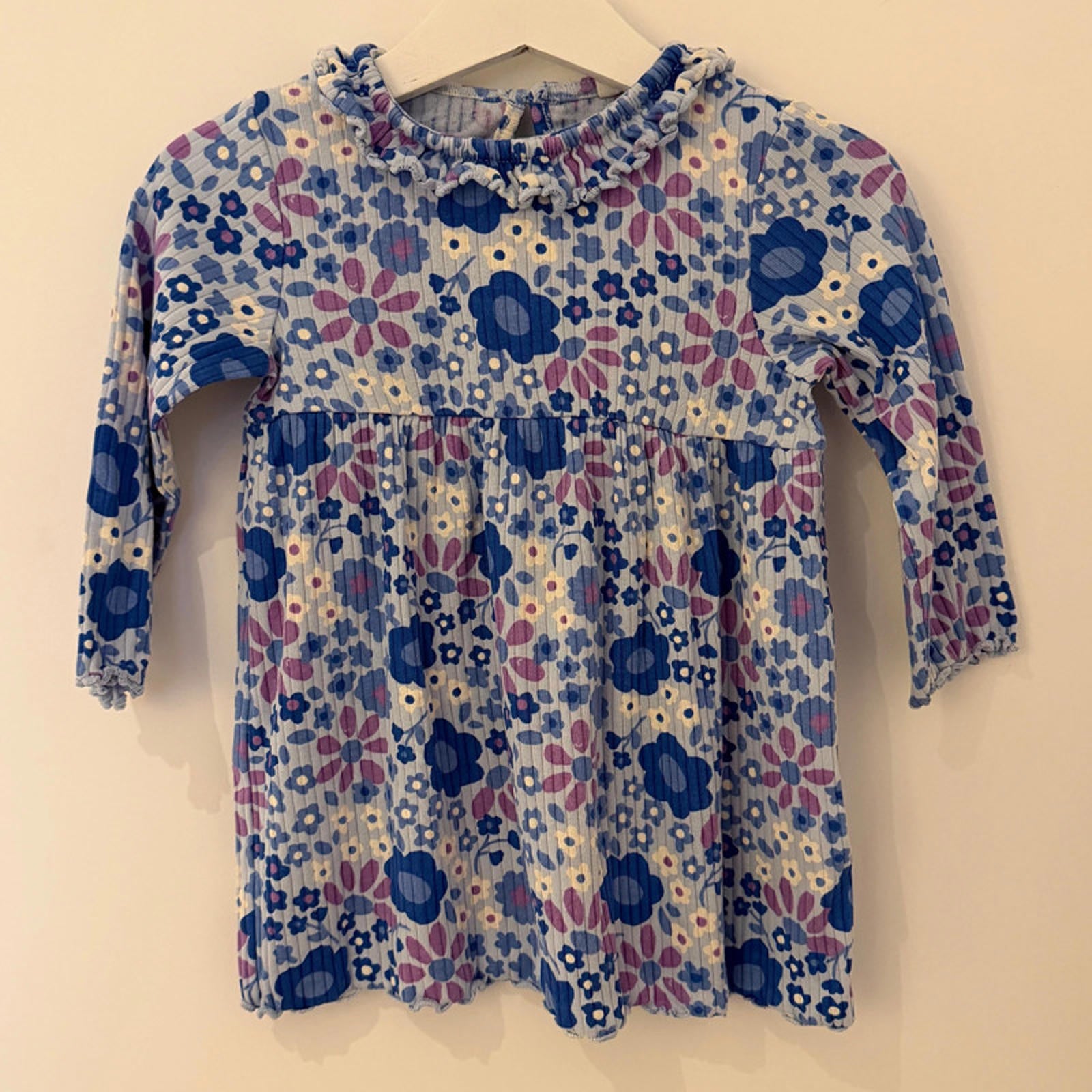 Baby Girl 6-9 monhs H&M Blue Floral Ribbed Long Sleeve Dress (56 01)