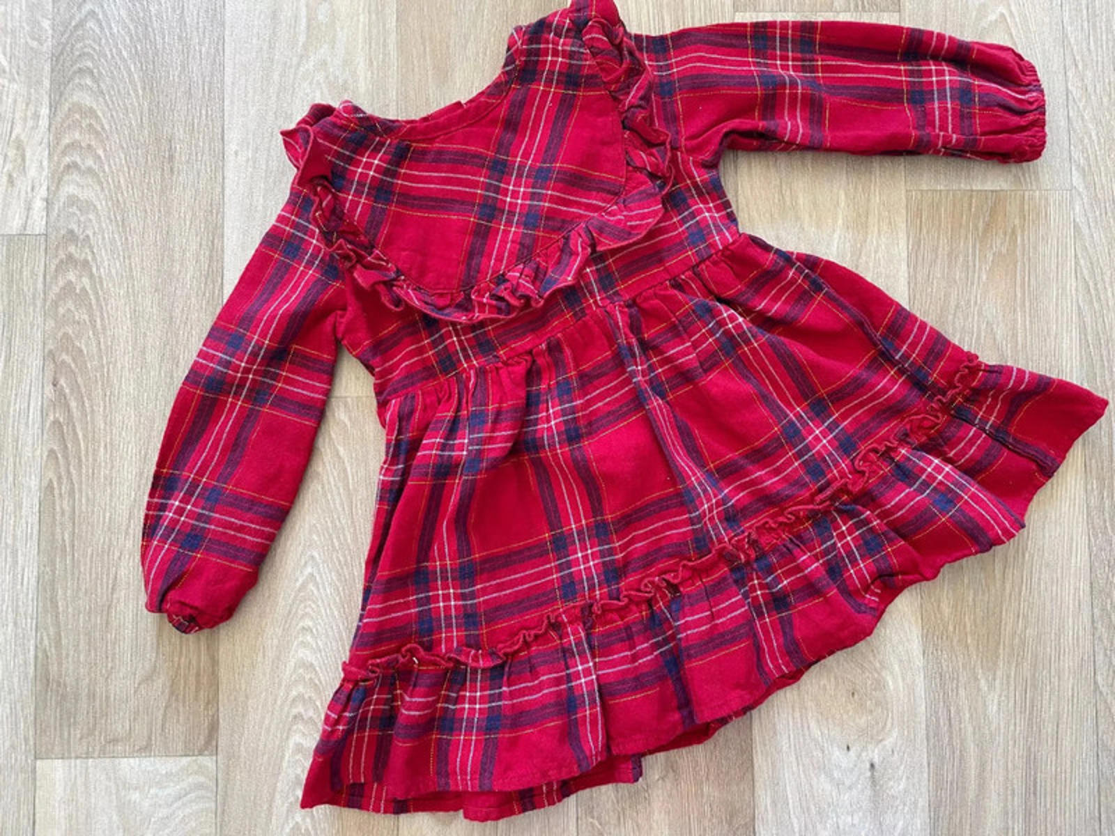 Baby Girl 9-12 months F&F Red Checked Long Sleeve Dress  Ruffles Gold (28 28)
