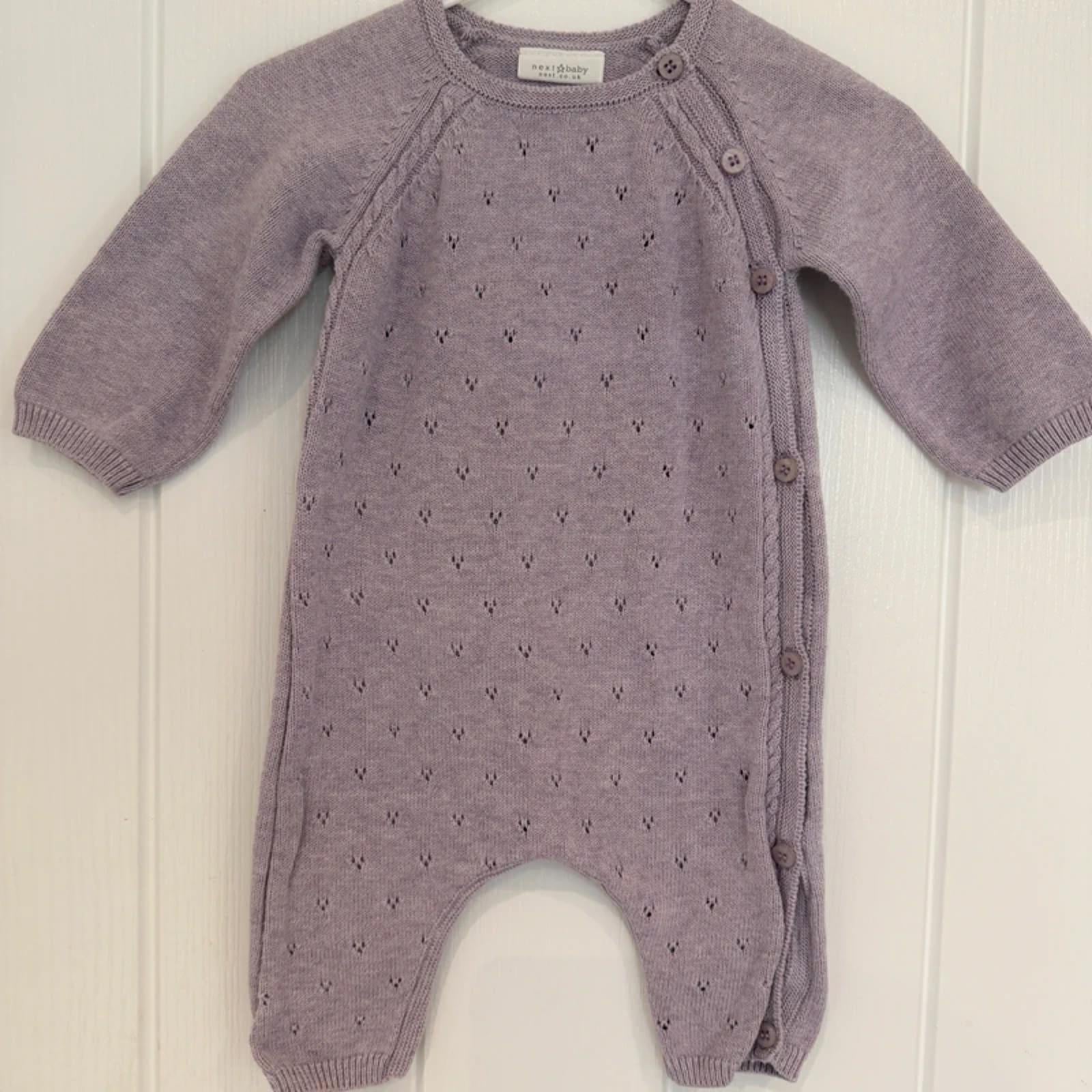 Baby Girl 0-3 months Next Lilac Knitted Long Sleeve Romper (15 01)