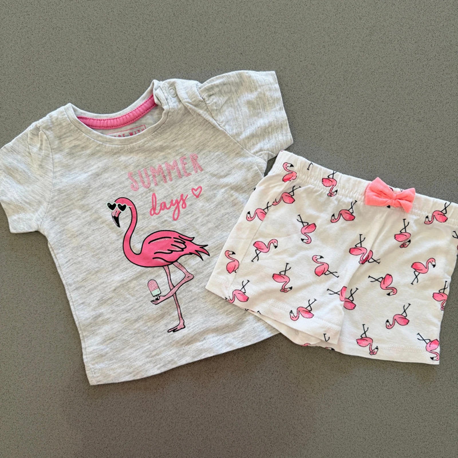 Baby Girl 3-6 months Primark Grey Pink Glitter Flamingo Summer Outfit (60 75)