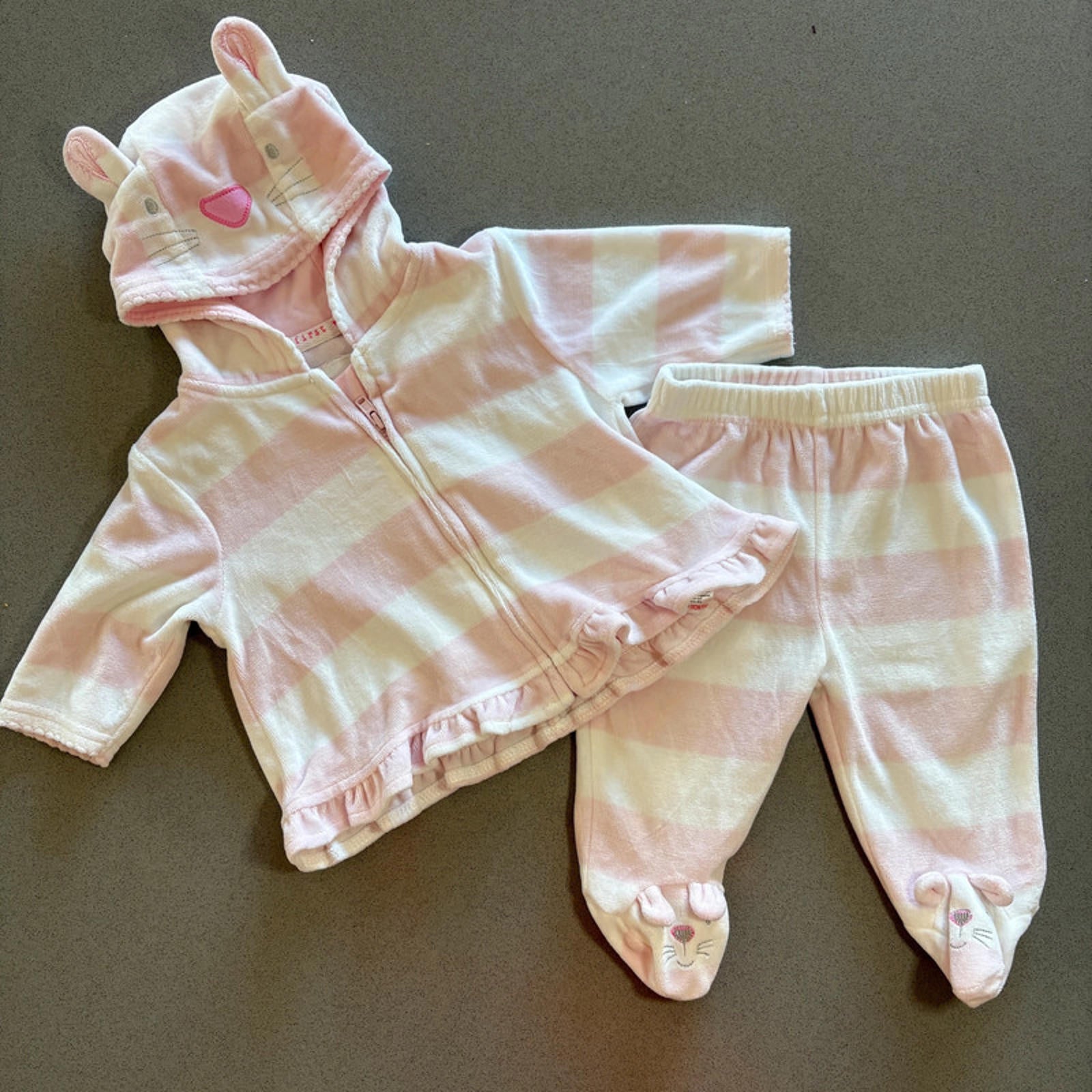Baby Girl 0-3 months Next Pink Striped Velour 2 Piece Rabbit  Outfit (20 17)