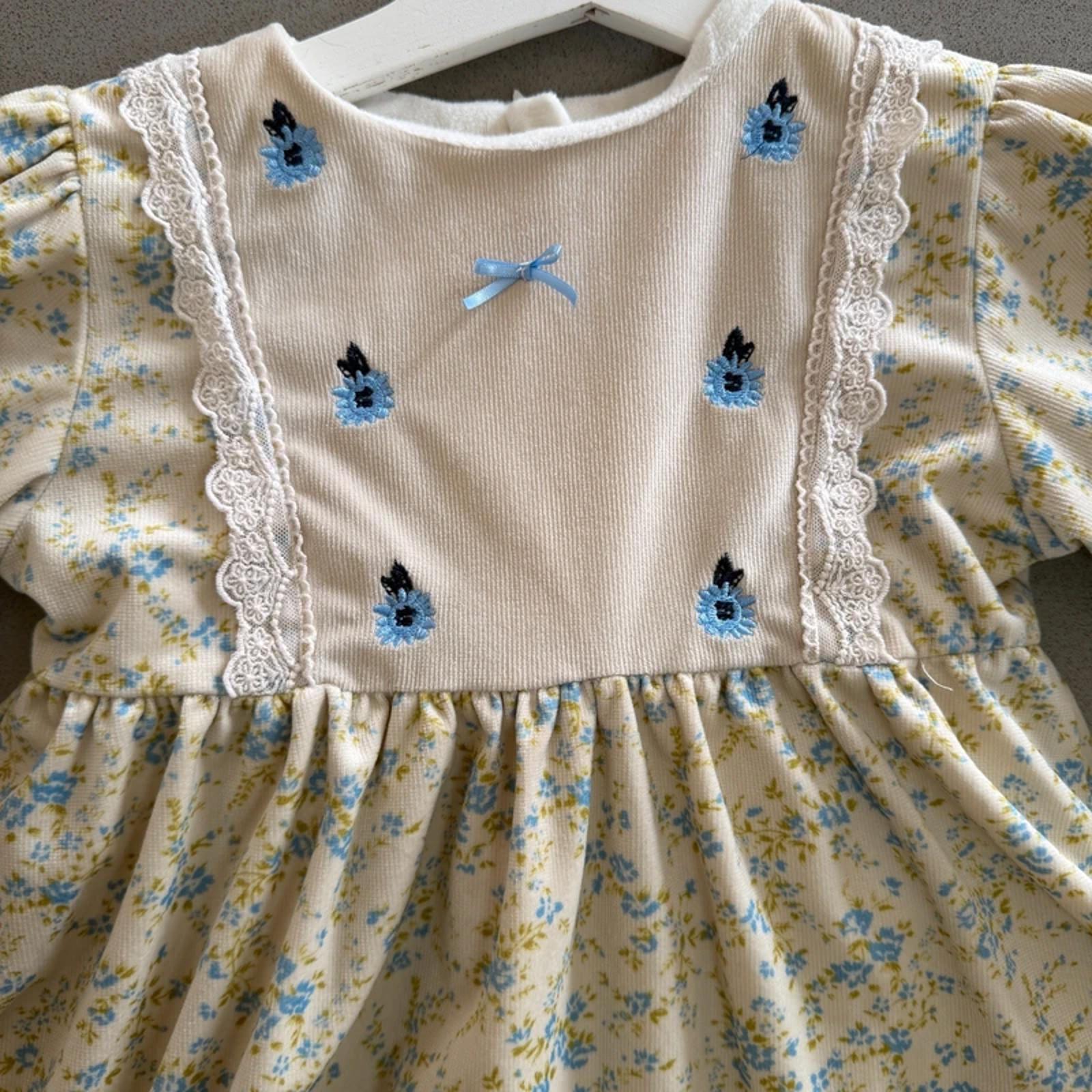 Baby Girl 18-24 months Beige Blue Floral Fleece Lined Dress (19 32)