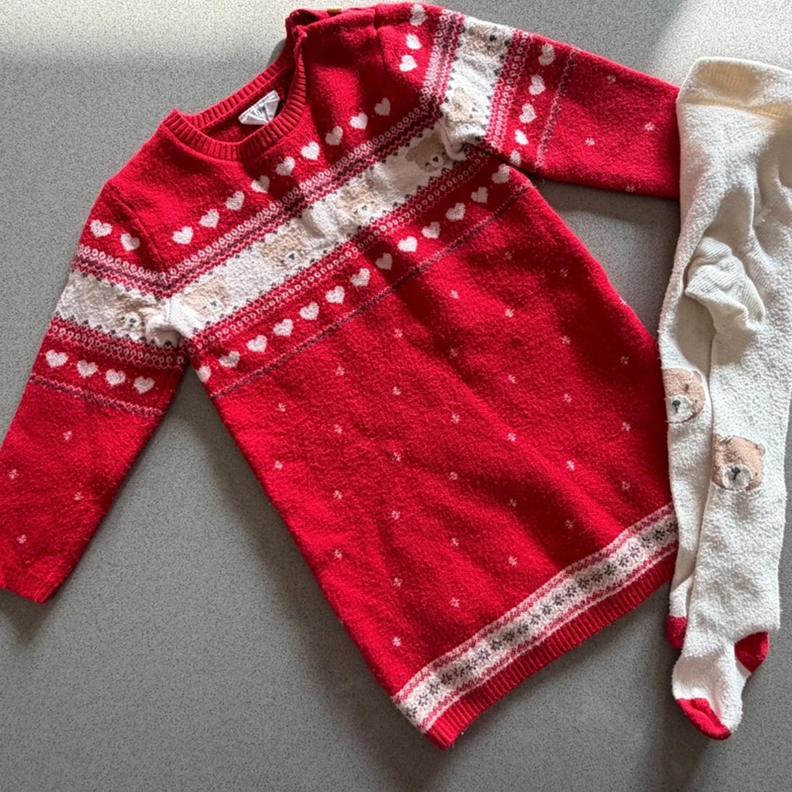 Baby Girl 12-18 months F&F Red Knitted Jumper Dress Bear (63 08)
