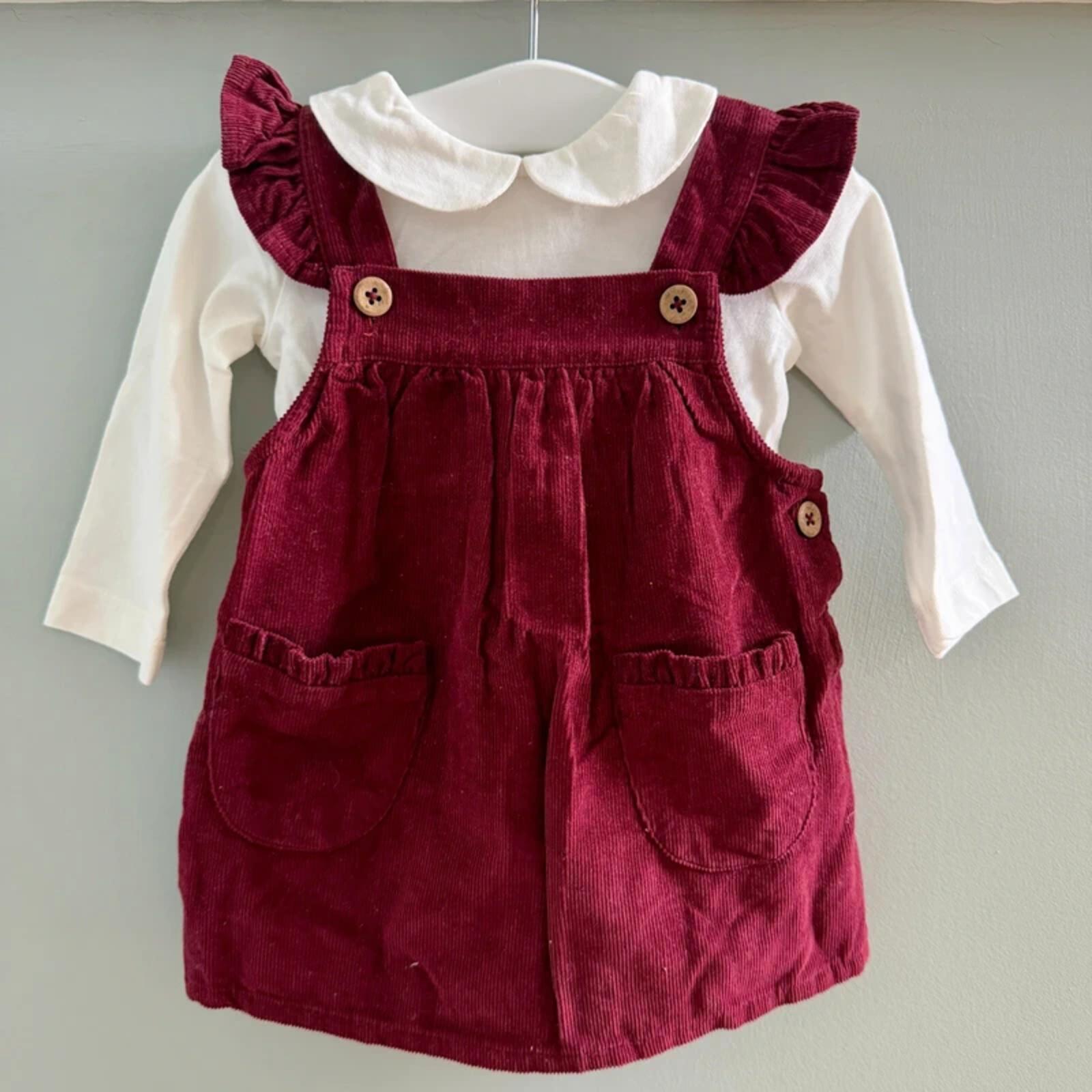 Baby Girl 0-3 months TU Burgandy Corduroy Pinafore Dress Set BNWT(35 24)