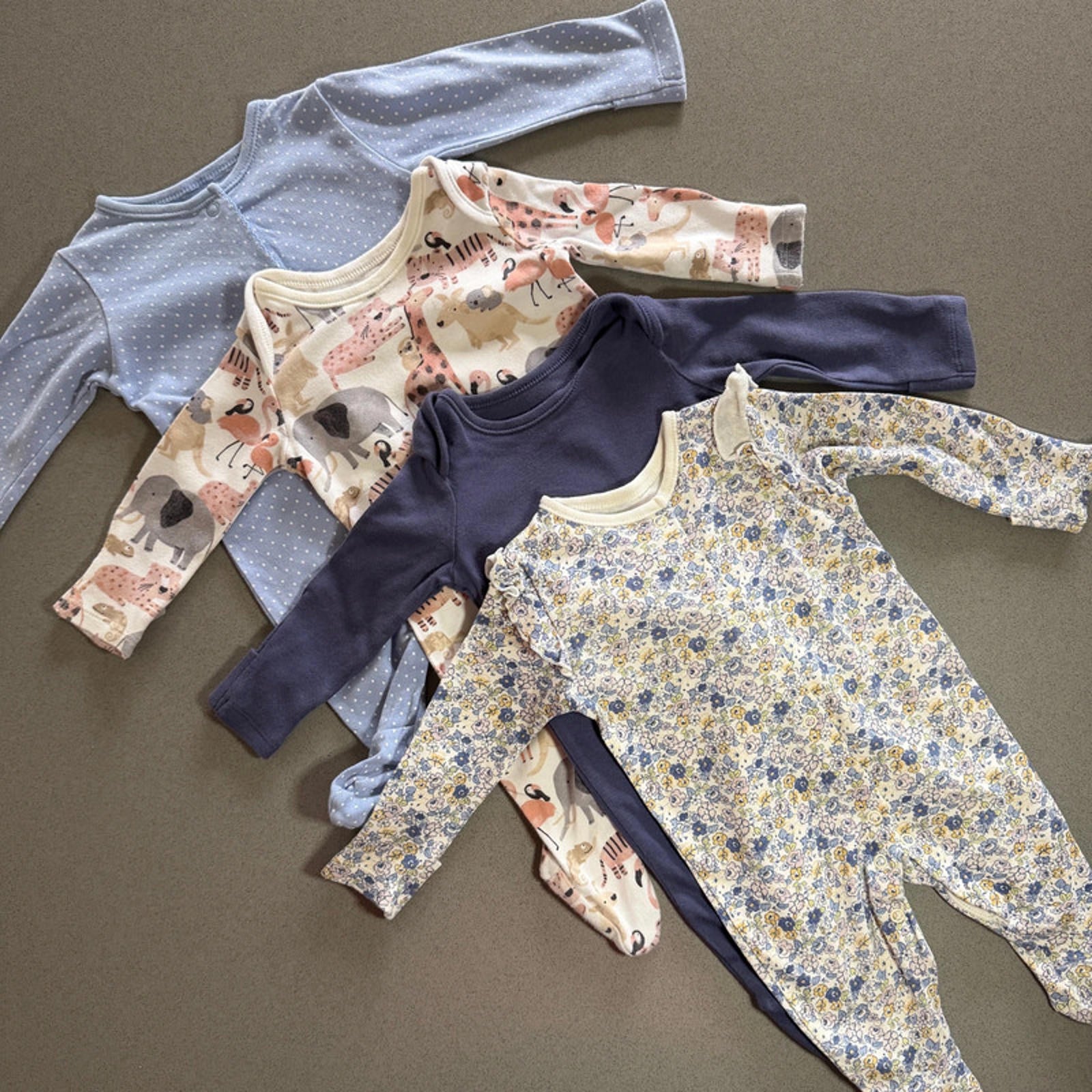 Baby Girl 0-3 months George 4 Sleepsuits Babygrows Animals Flowers Blue (22 17)