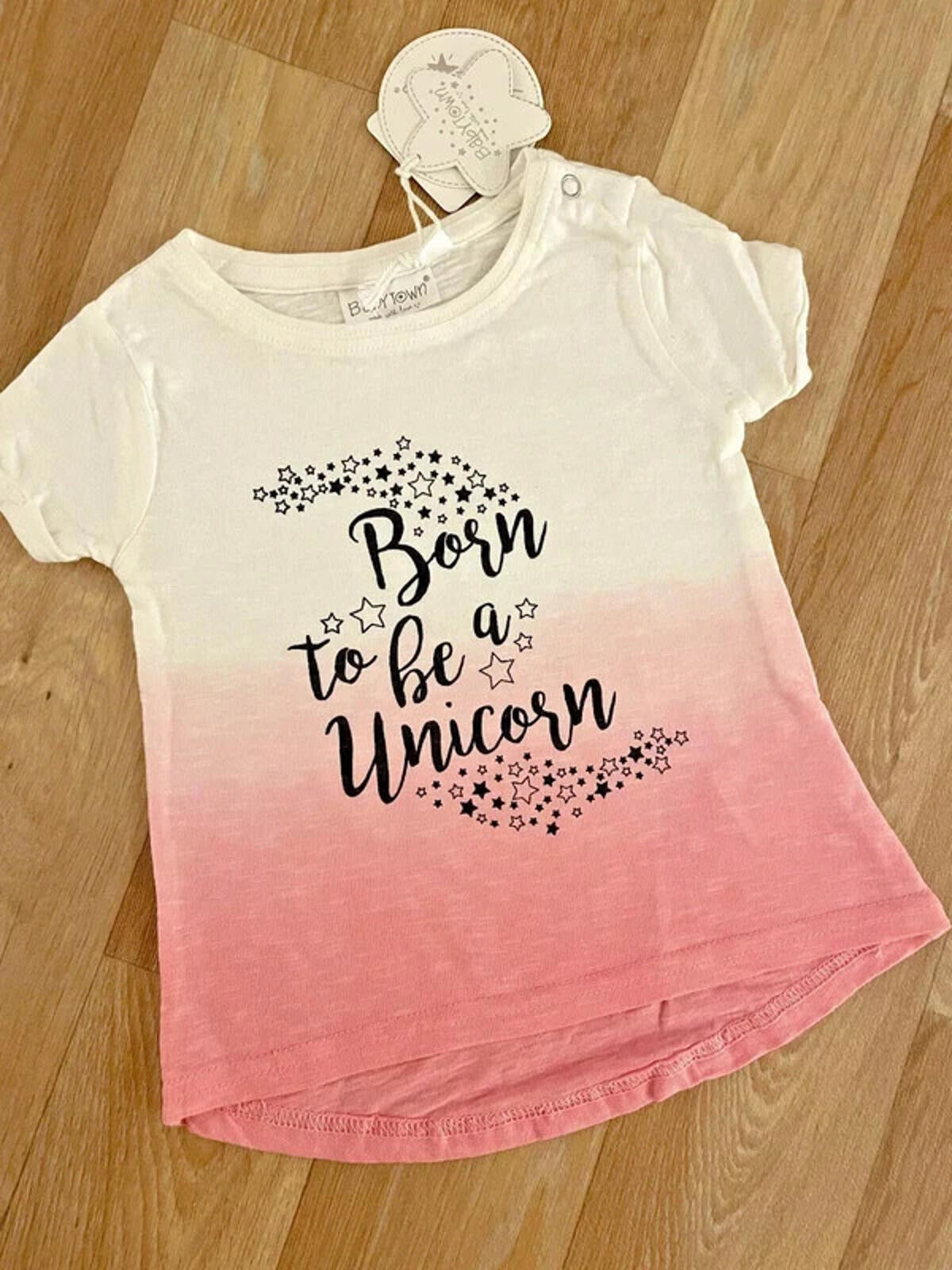 Baby Girl 18-24 months Babytown Pink White Ombre Born to Be a Unicorn T-shirt BNWT New (54 35)