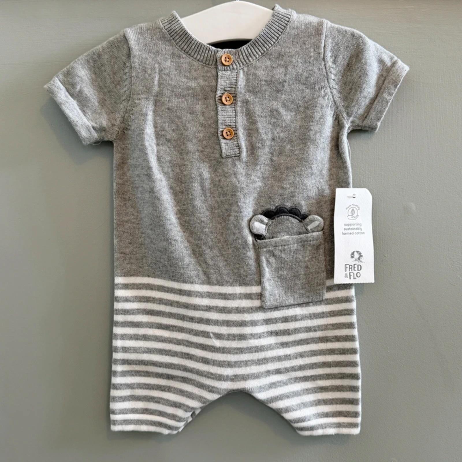Baby Boy 0-3 months F&F Grey Knitted Romper with Bear Pocket BNWT (31 08)