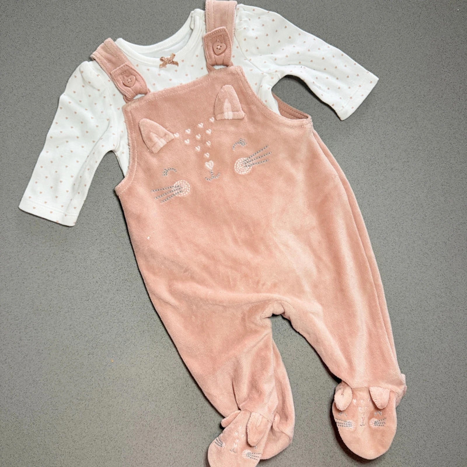 Baby Girl First Size 4.1 kg George Velour Embroidered Dungaree Set Footed (4018)