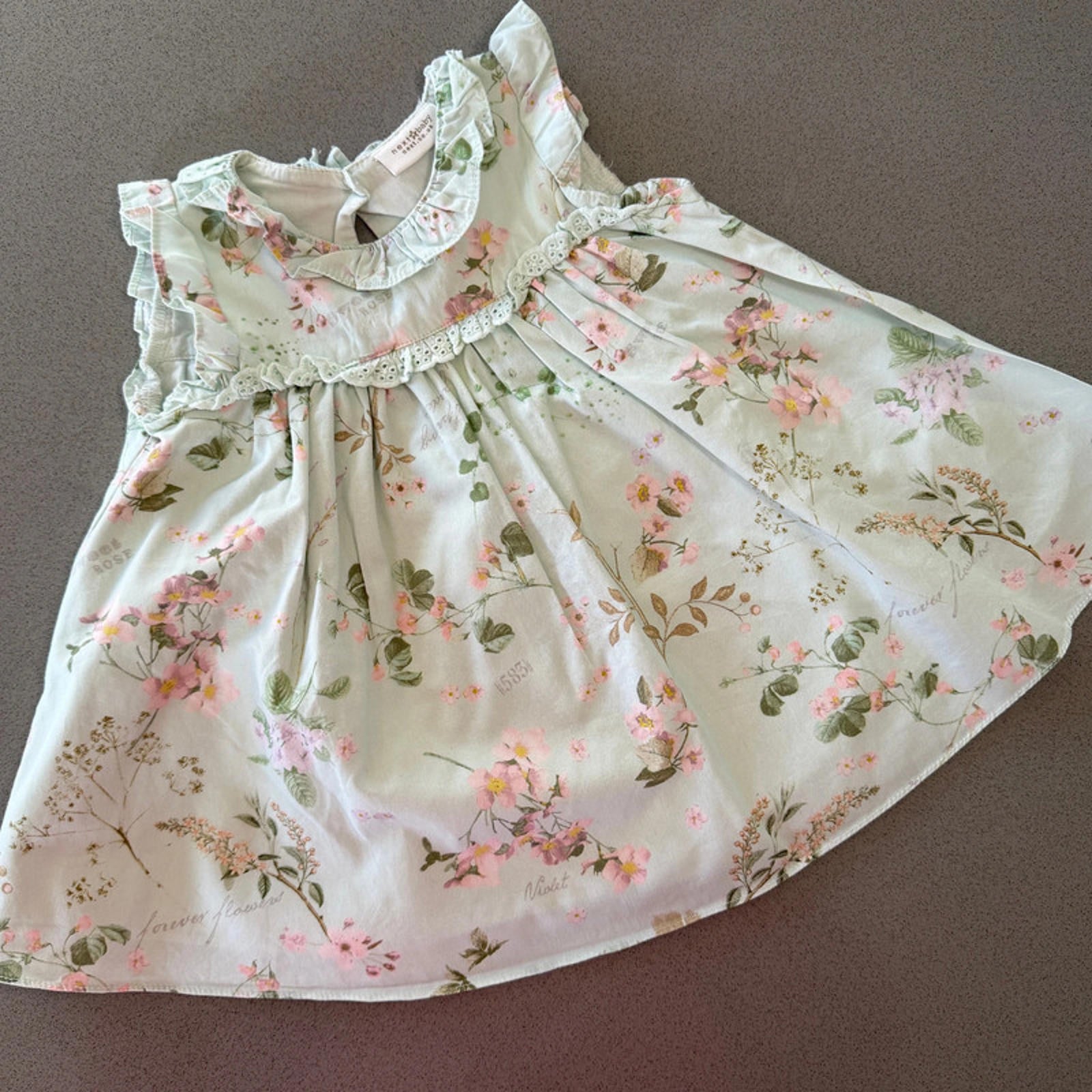 Baby Girl 0-3 months Next Green Floral Dress with Ruffles Lined (61 22)