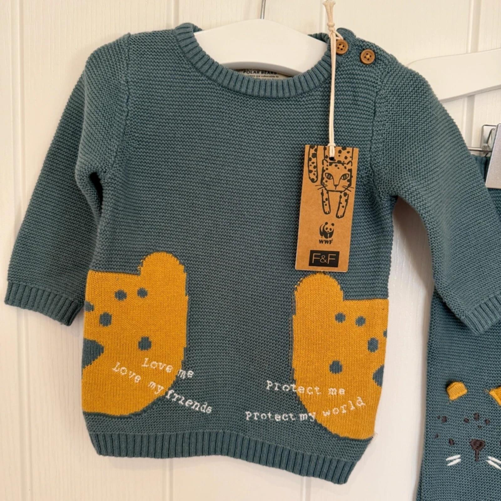 Baby Boy Girl 0-3 months F&F WWF Blue Knitted 2 Piece Outfit BNWT (61 29)