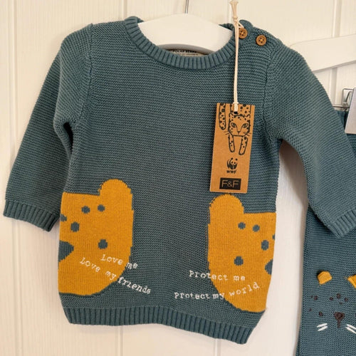 Baby Boy Girl 0-3 months F&F WWF Blue Knitted 2 Piece Outfit BNWT (61 29)