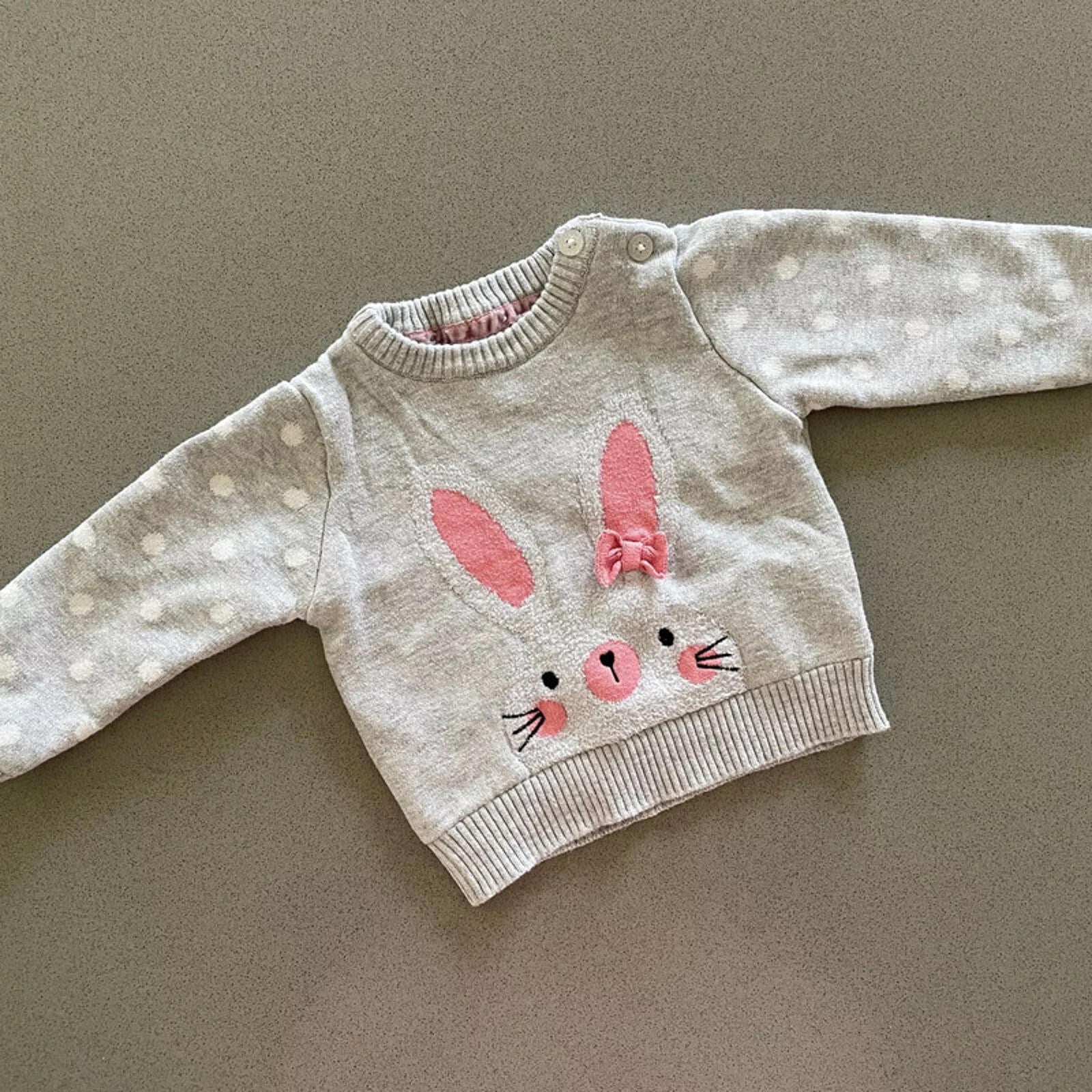 Baby Girl 0-3 months Primark Grey Pink bunny Pullover Jumper with bow (35 04)