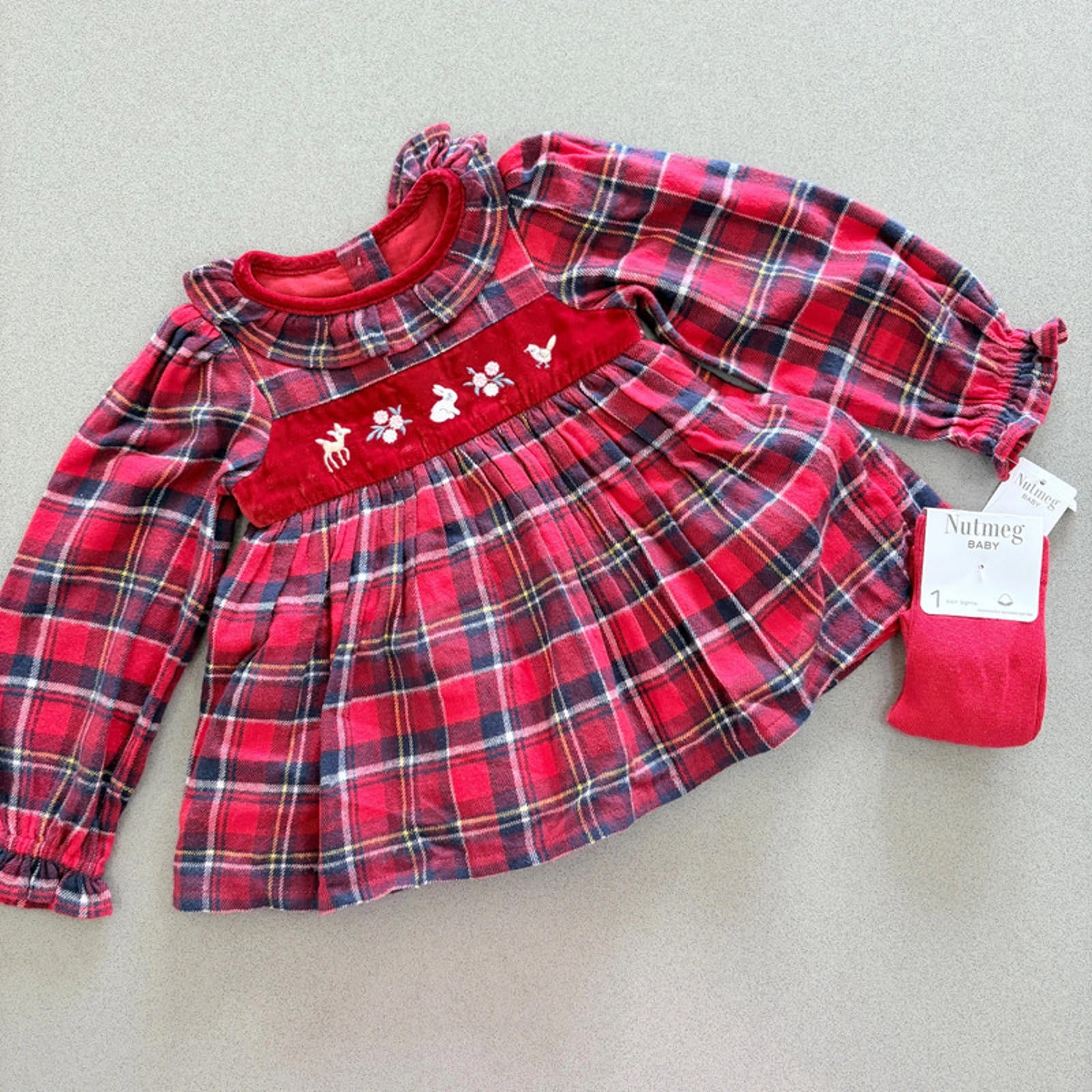 Baby Girl 0-3 months Nutmeg Red Checked Collared Dress & Tights Set BNWT (52 09)