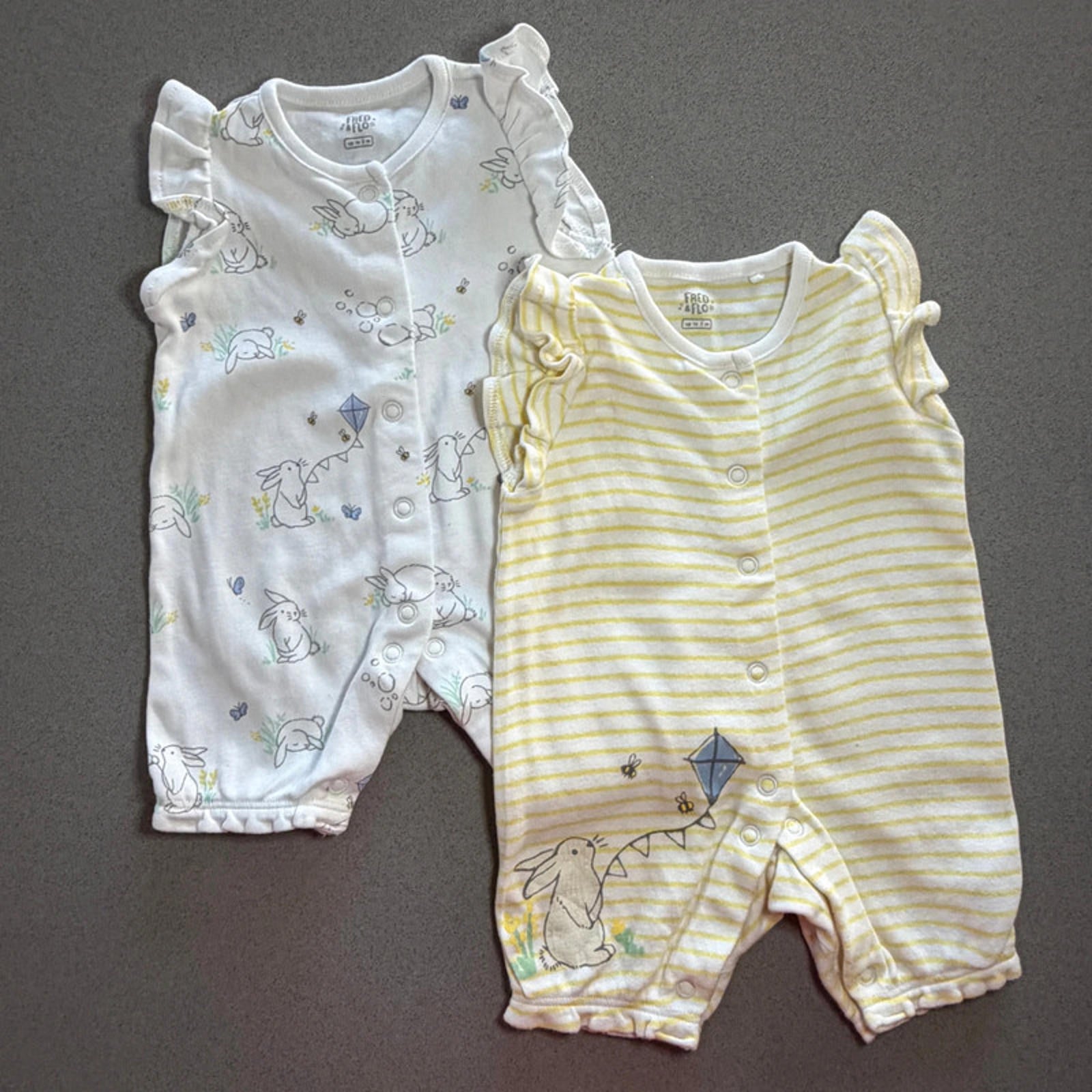 Baby Girl 0-3 months F&F Set 2 Bunny Themed Yellow White Rompers (52 20)