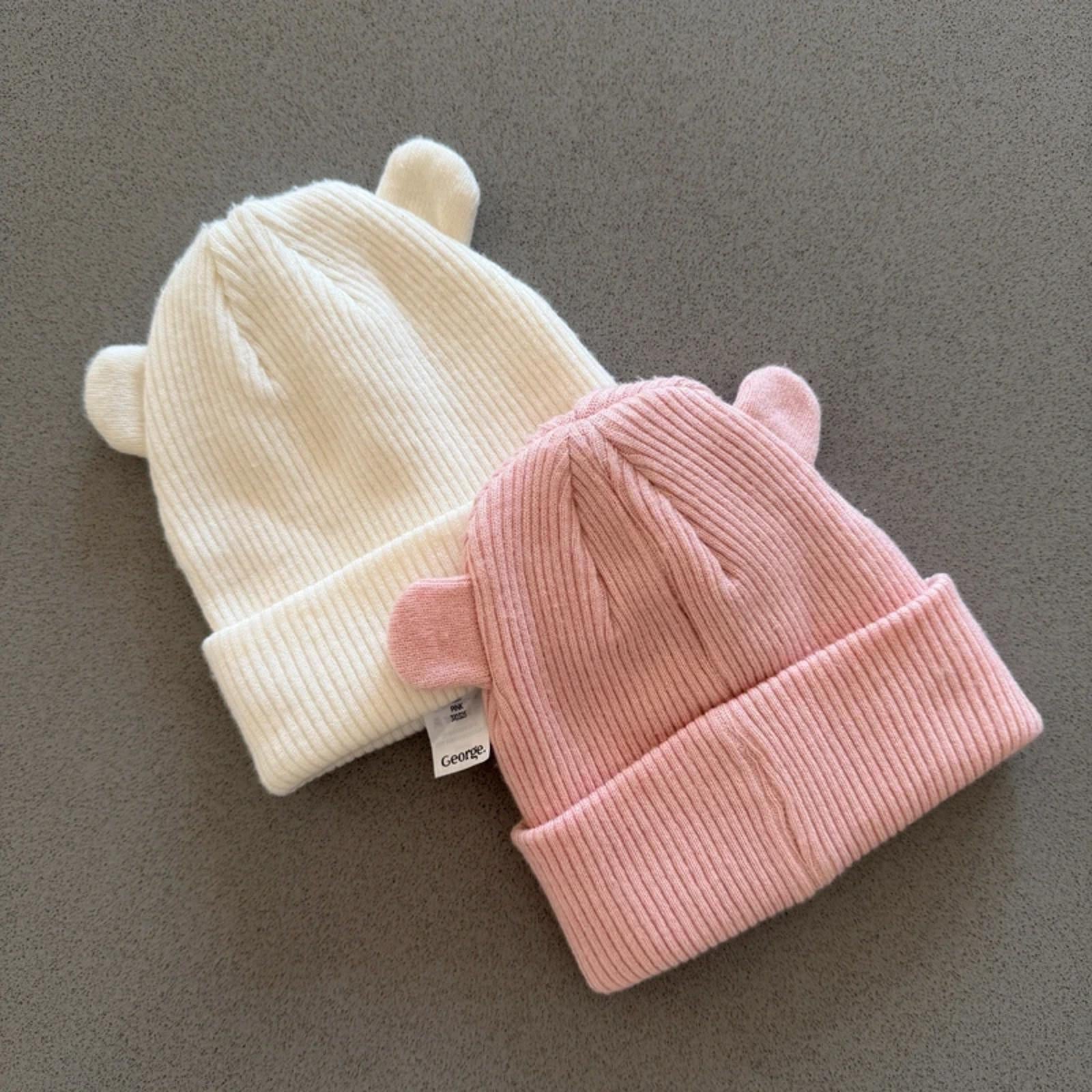 Baby Girl 6-12 months George Set 2 Knitted Hats with Ears (58 07)