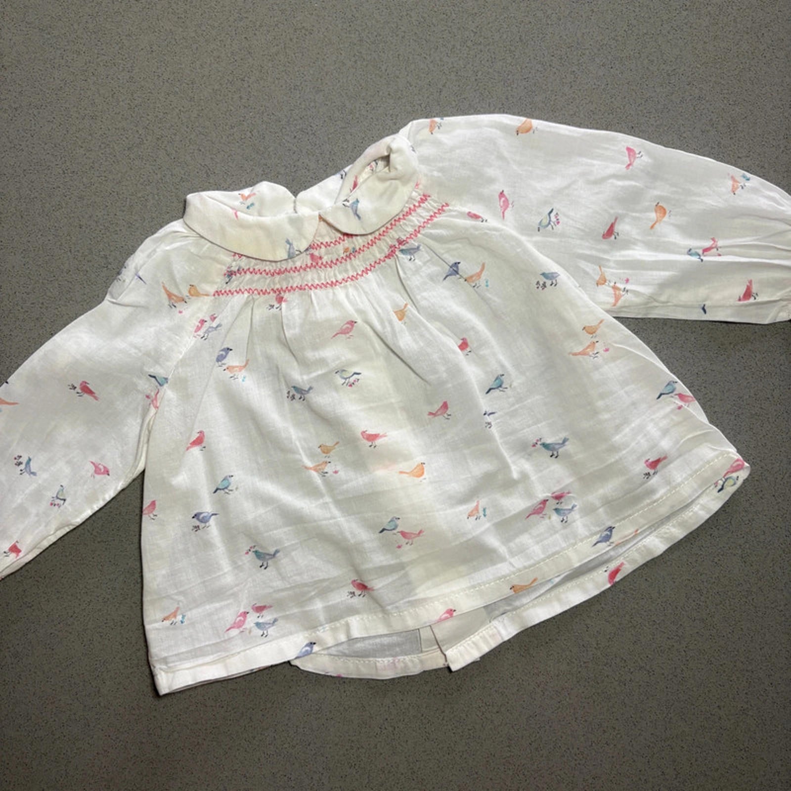 Baby Girl 0-3 months Zara Mini White Long Sleeve Smocked Top Bird Design (48 27)