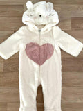 Baby Girl 3-6 months F&F White Faux Fur Fully Lined Hooded Bunny Heart Pramsuit