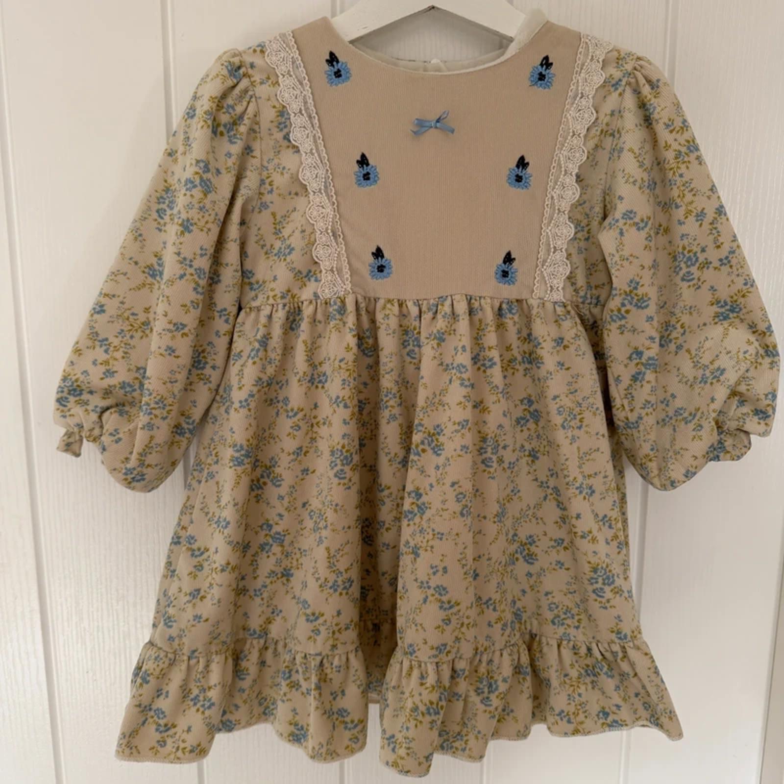 Baby Girl 18-24 months Beige Blue Floral Fleece Lined Dress (19 32)