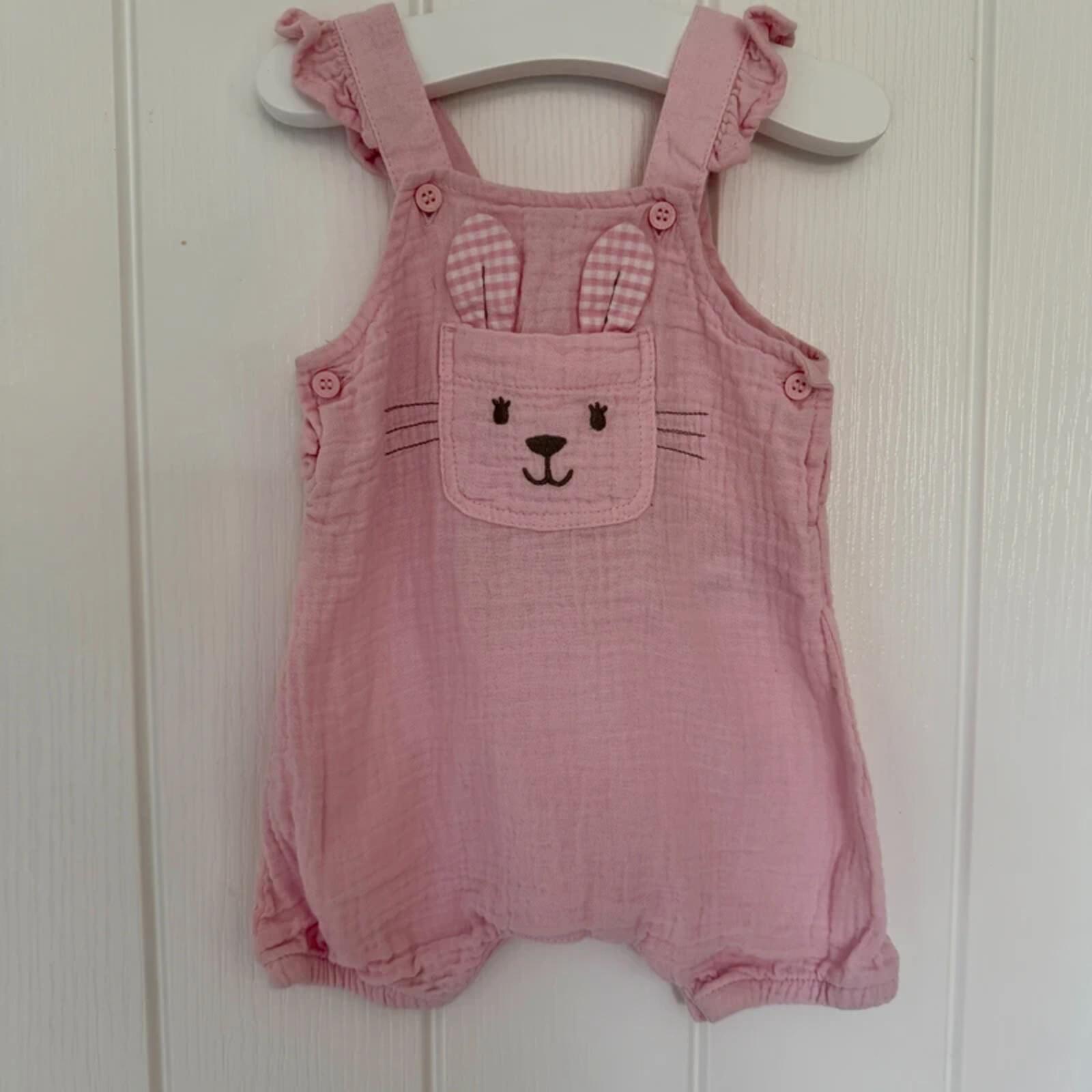 Baby Girl 3-6 months Nutmeg Pink Seersucker Bunny Dungarees (16 24)