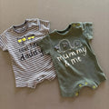 Baby Boy 1 month 4.5kg NEXT Set of 2 Mummy Daddy Short Rompers Green Grey (2109)