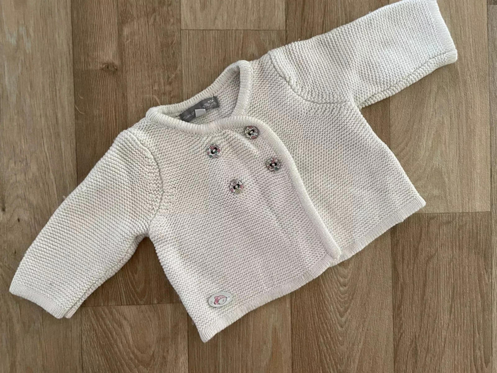 Baby Girl 1 month Mon Premier Major White Garter Stitch Knitted Cardigan