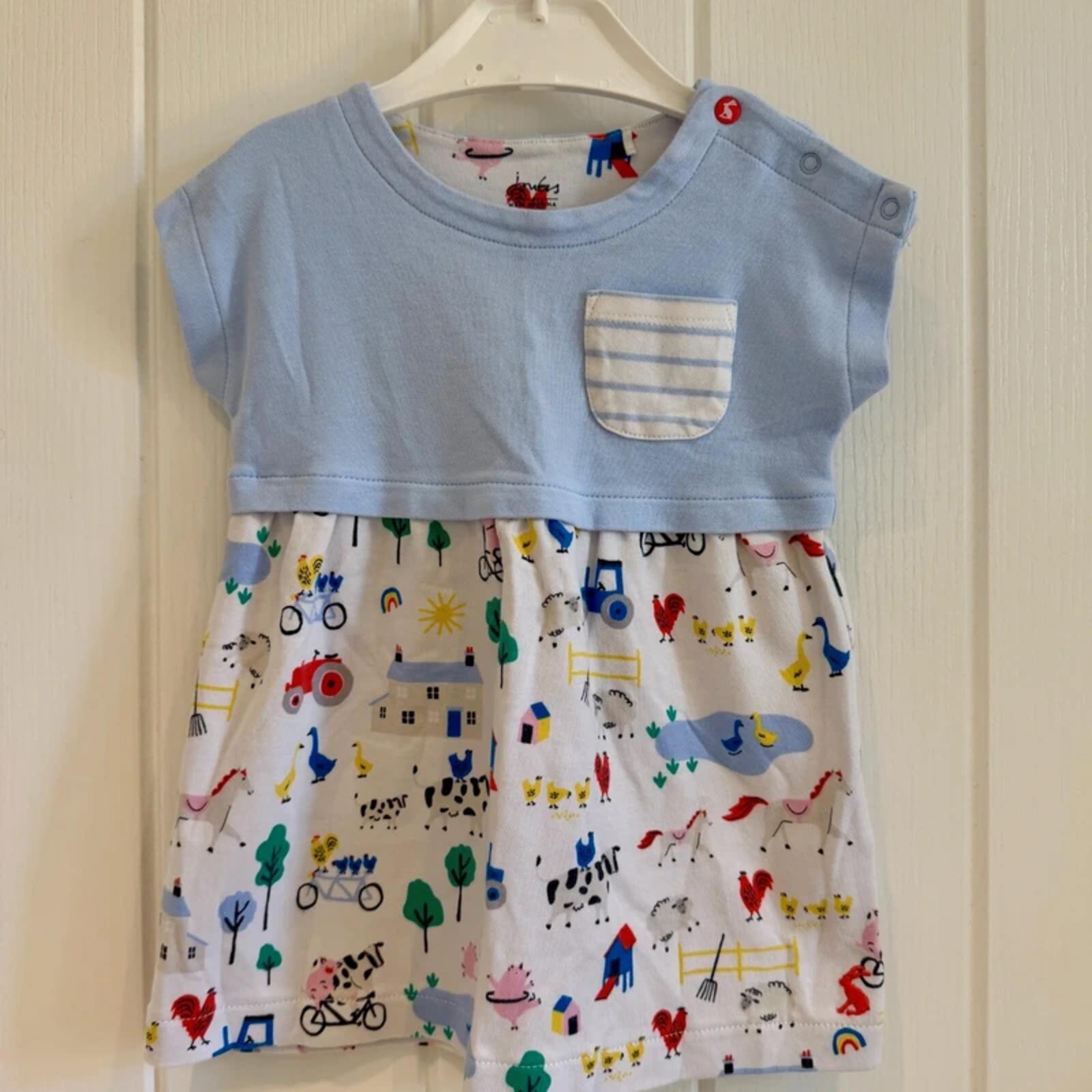 Baby Girl 6-9 months Joules Blue White Farmyard Themed Dress (33 08)
