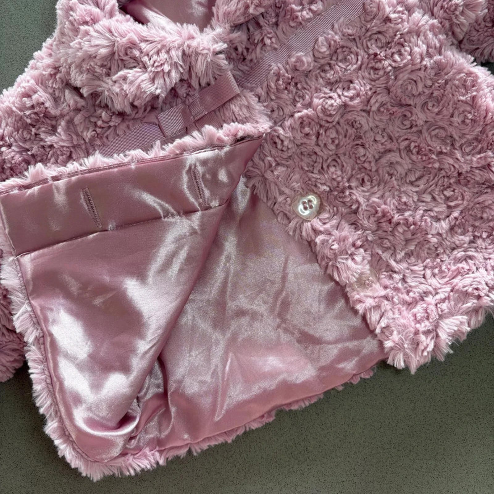 Baby Girl 6-9 months George Pink Faux Fur Swirl Collared Coat Bow Jacket (47 05)
