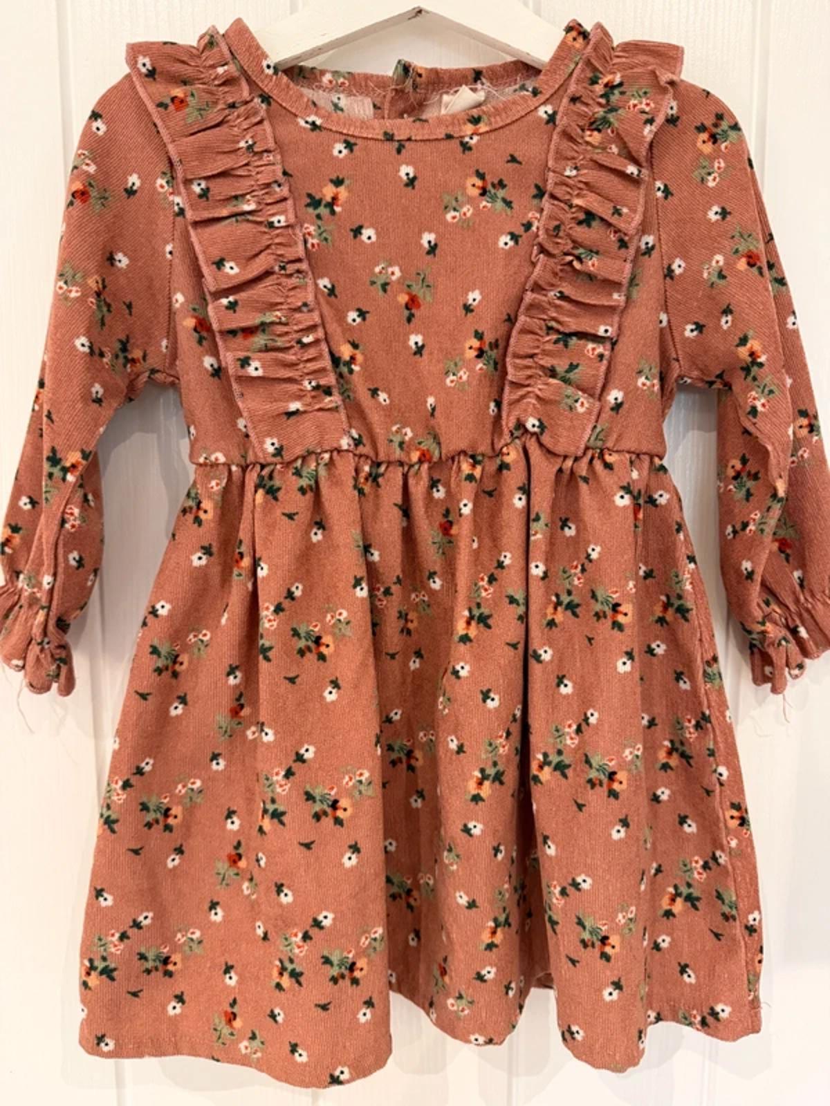 Baby Girl 18 months Size 90 Brown Long Sleeve floral Dress with Ruffles (54 24)