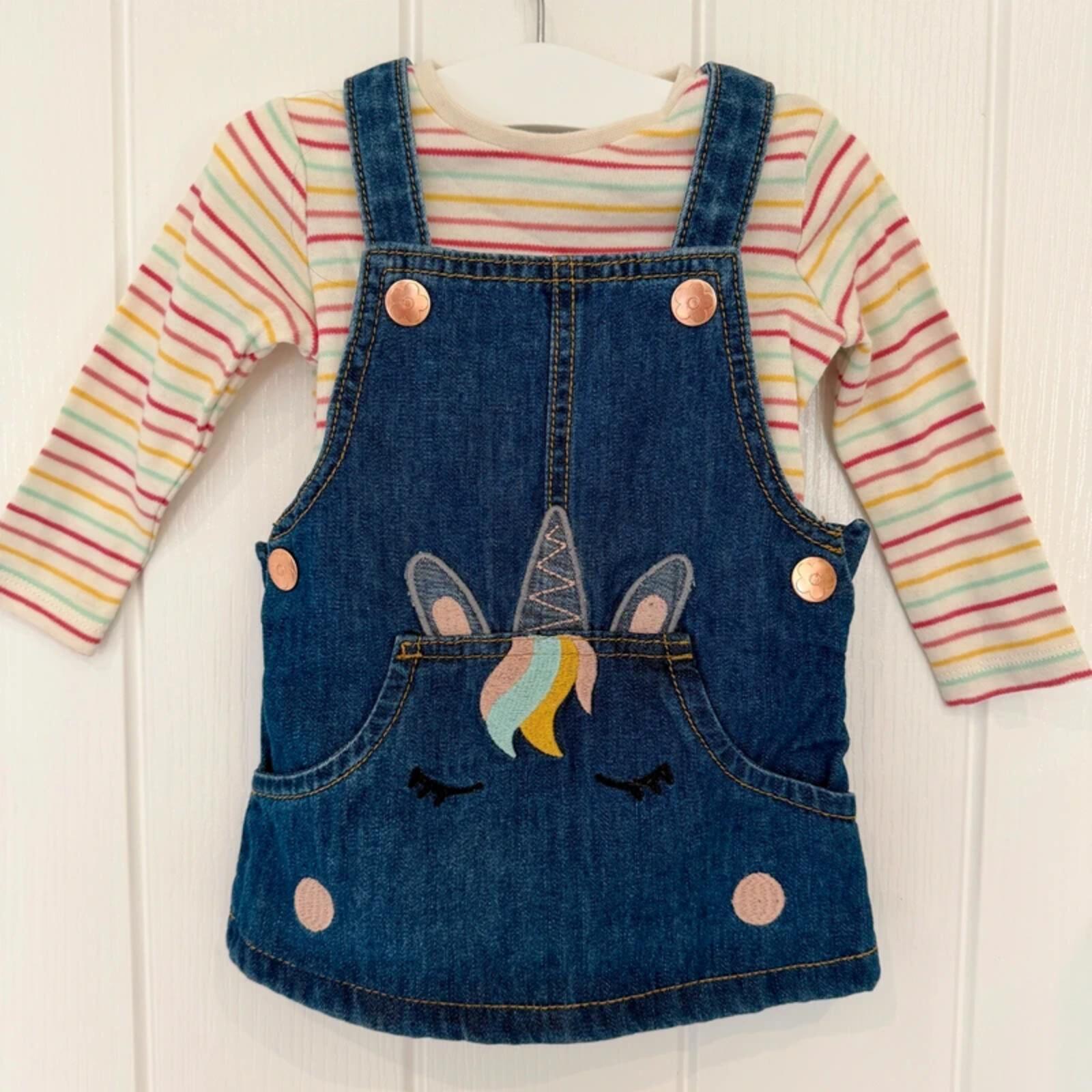 Baby Girl 3-6 months F&F Blue Denim Unicorn Pinafore Dress Set (15 32)