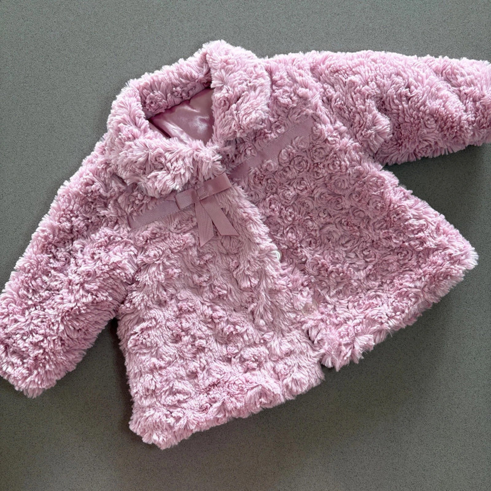 Baby Girl 6-9 months George Pink Faux Fur Swirl Collared Coat Bow Jacket (47 05)