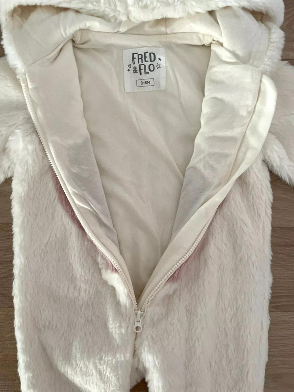 Baby Girl 3-6 months F&F White Faux Fur Fully Lined Hooded Bunny Heart Pramsuit