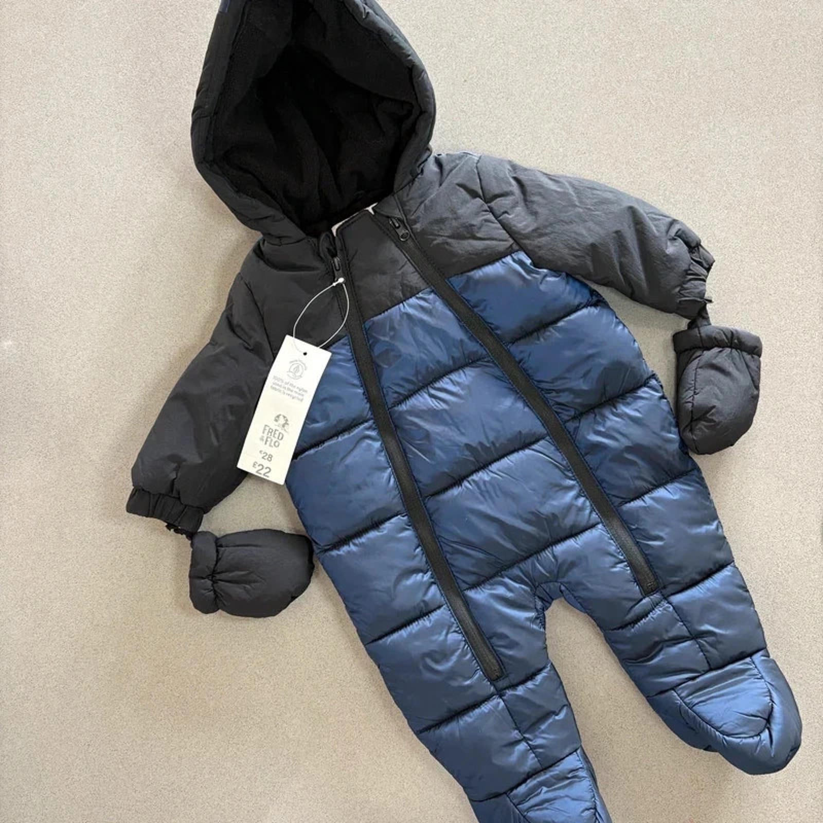 Baby Boy 0-3 months F&F Blue Black Snow Suit with Detachable Mitts BNWT (47 09)
