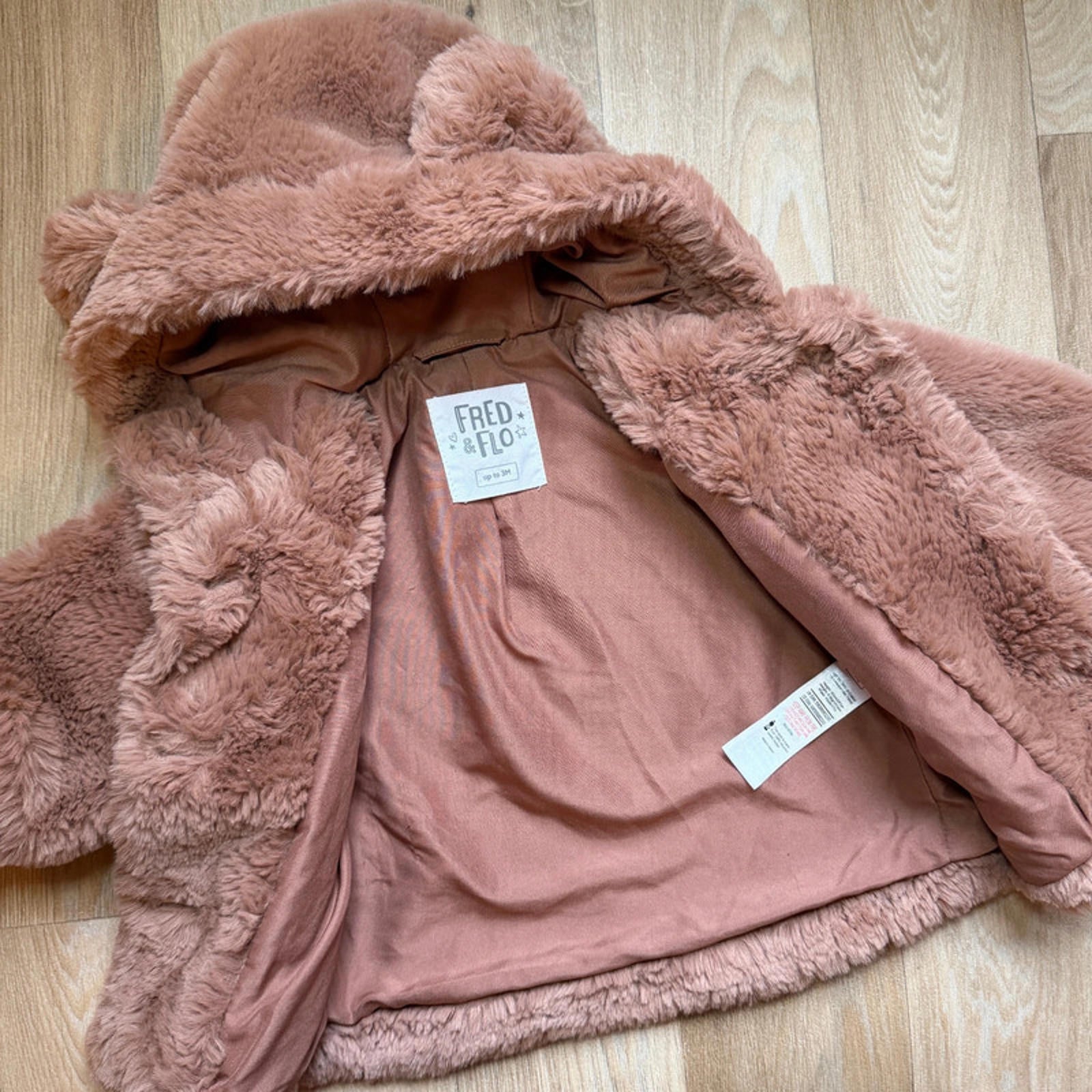 Baby Girl 0-3 months F&F Brown Faux Fur Hooded Lined Coat Jacket (37 09)