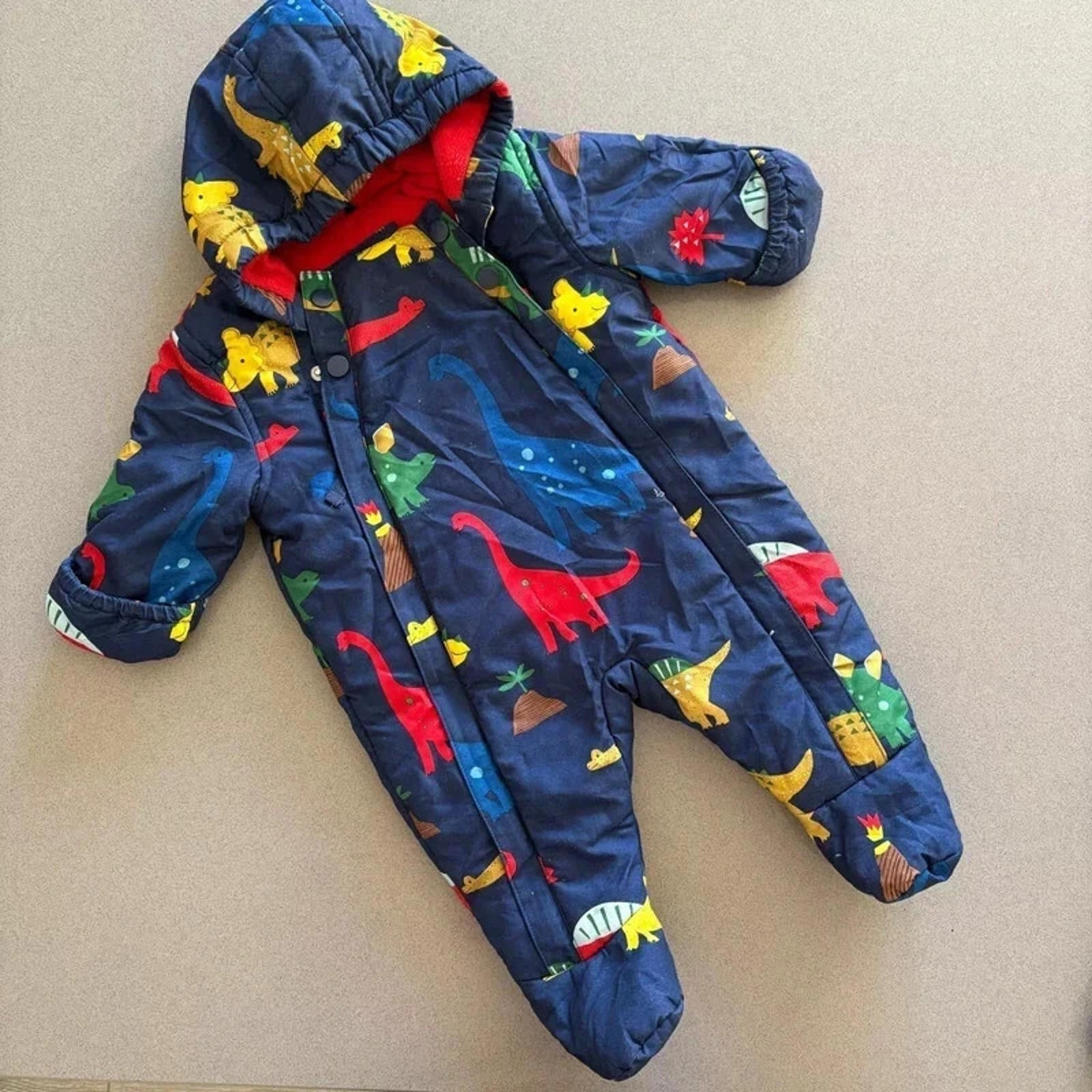 Baby Boy 0-3 months Marks and Spencer Blue Dinosaur Fleece Lined SnowSuit (1834)
