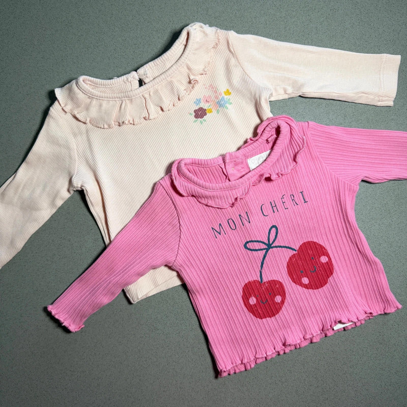 Baby Girl 0-3 months Primark 2 long Sleeve Tops  Ruffles Cherry Flower (55 27)