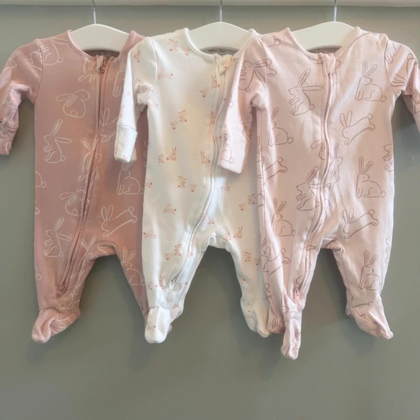 Baby Girl 1 month 4.5 kg Next Set 3 Pink White Bunny Zip Up Babygrows (16 03)