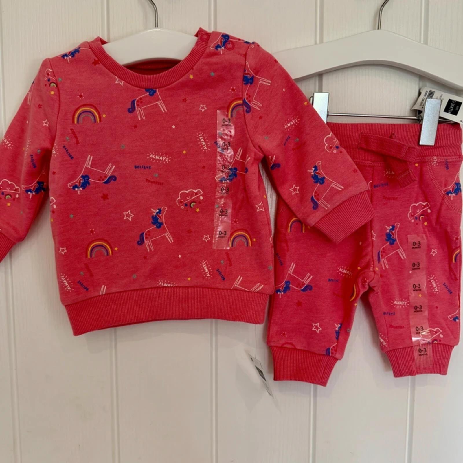 Baby Girl 0-3 months Dunnes Stores Pink Unicorn 2 Piece Tracksuit Outfit BNWT (54 04)